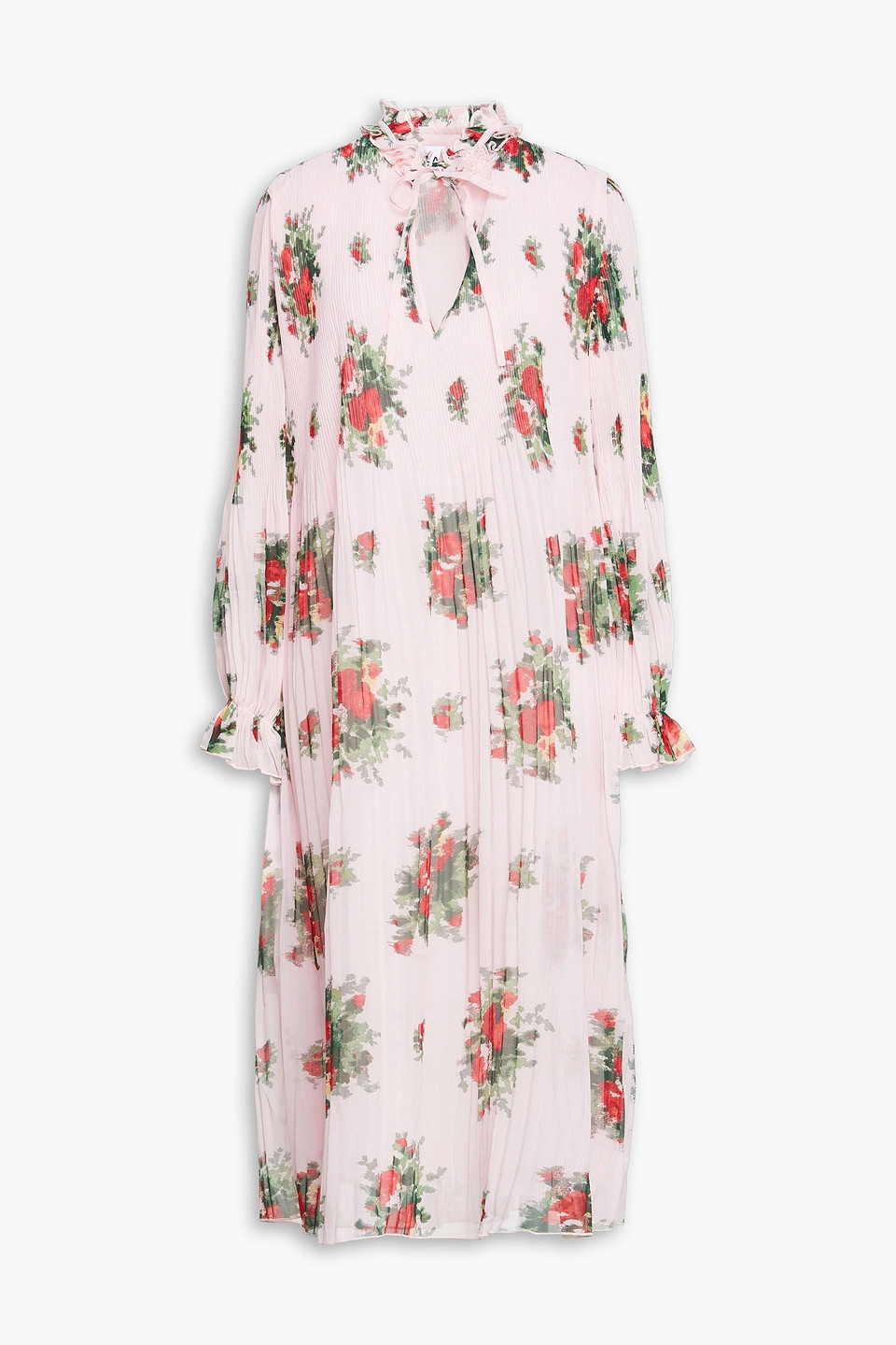 ganni pleated georgette dress pink GANNI Pleated Georgette Flounce Strap Midi Dress