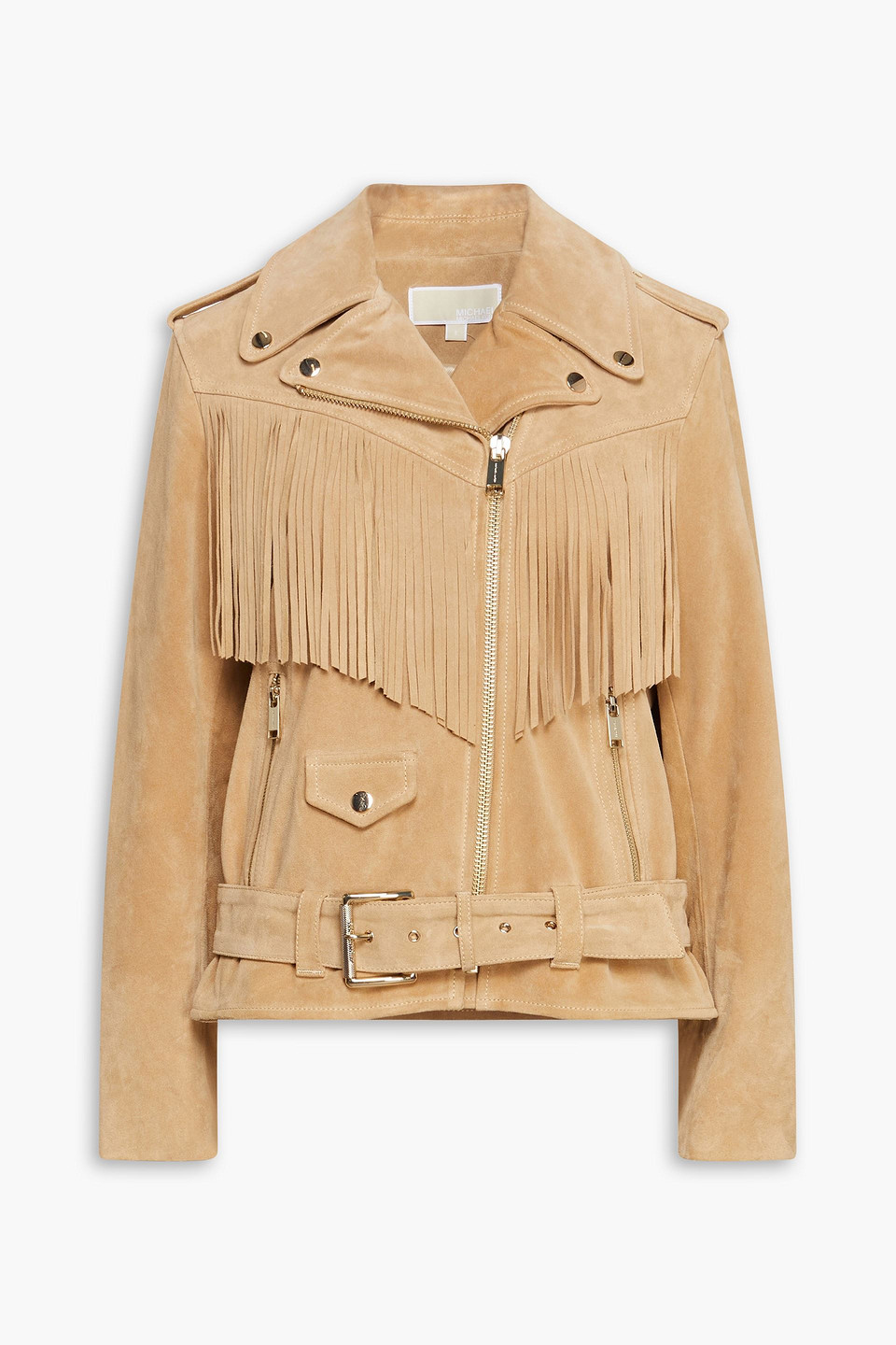 Michael Michael Kors Fringed Suede Biker Jacket In Gold