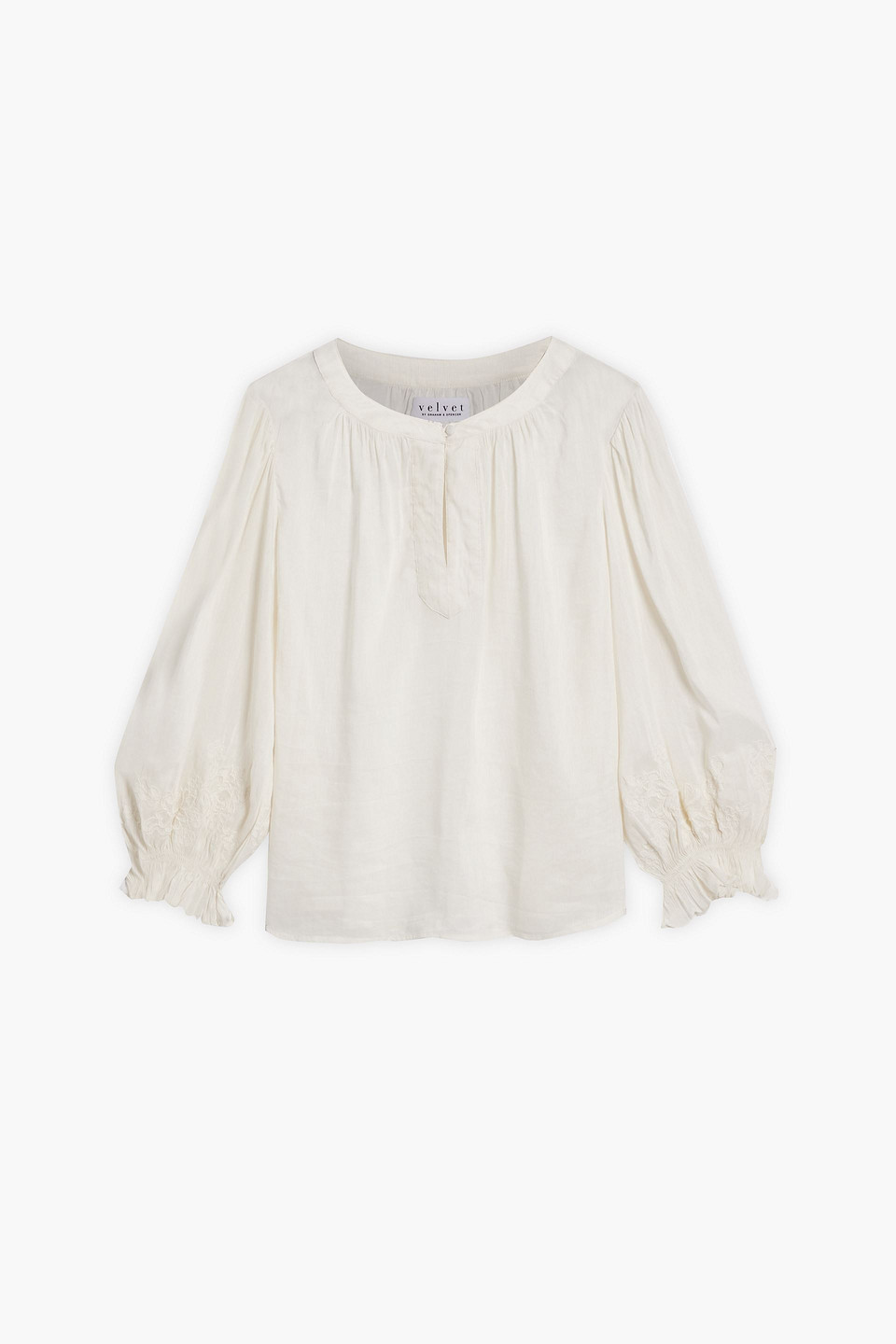 Velvet By Graham & Spencer Larsa Gathered Embroidered Gauze Blouse In Off-white