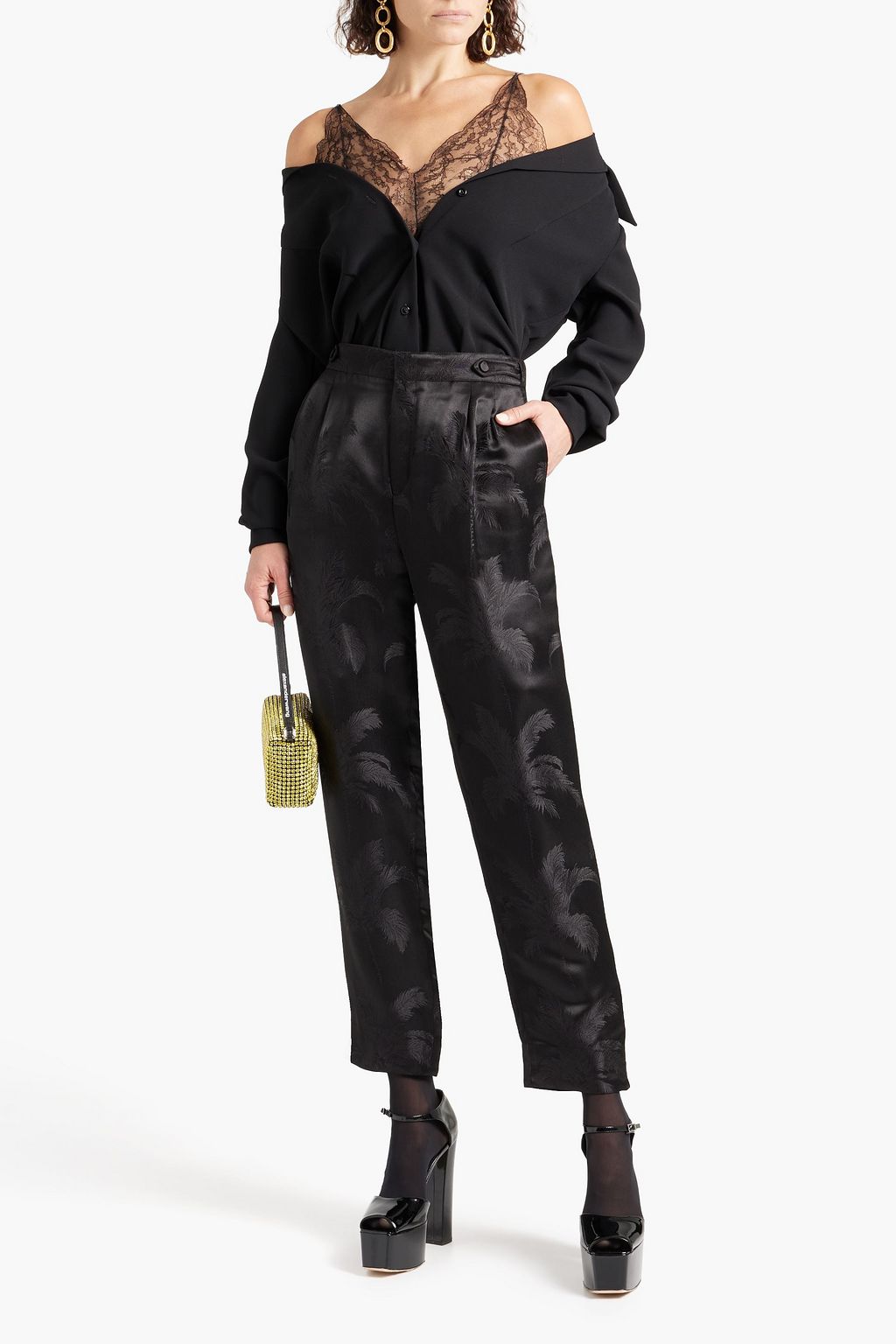 SAINT LAURENT Pleated satin-jacquard straight-leg pants