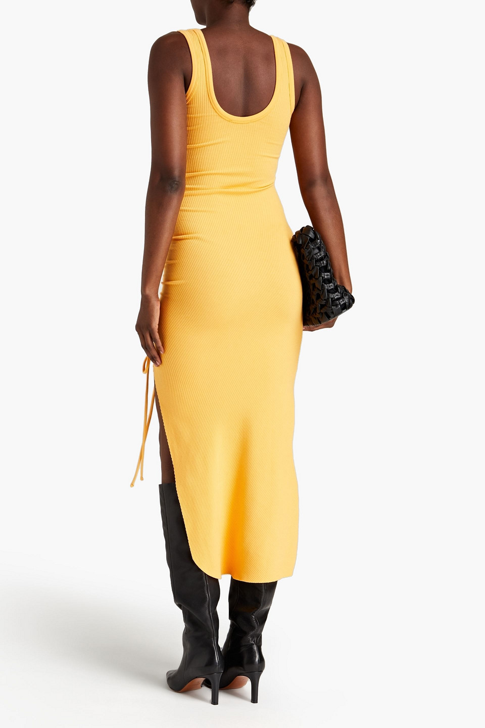 The Range Asymmetric Lace-up Ribbed Jersey Midi Dress In Saffron