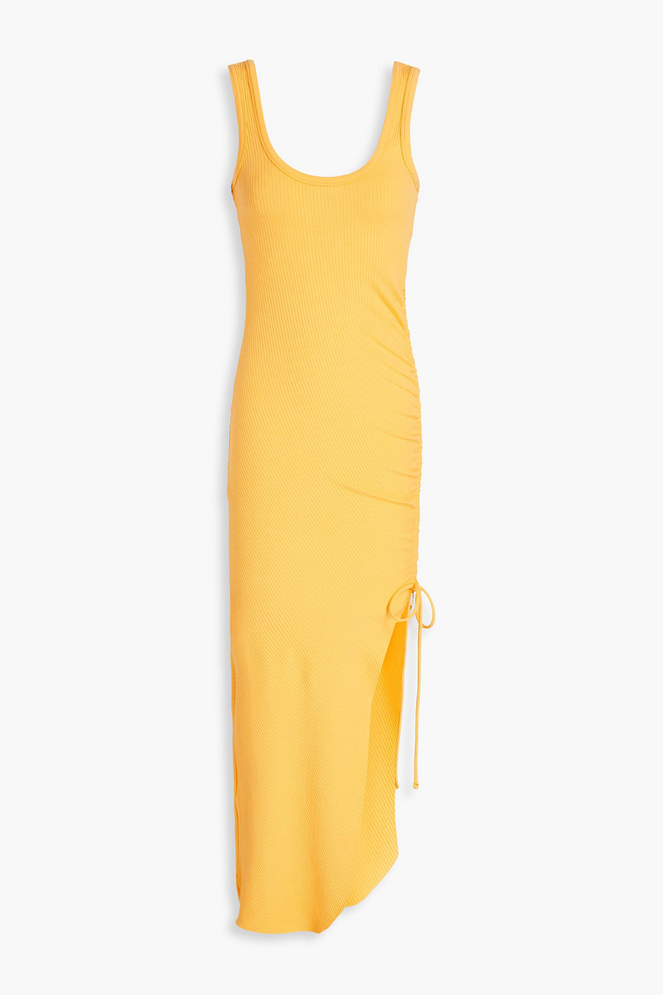 The Range Asymmetric Lace-up Ribbed Jersey Midi Dress In Saffron