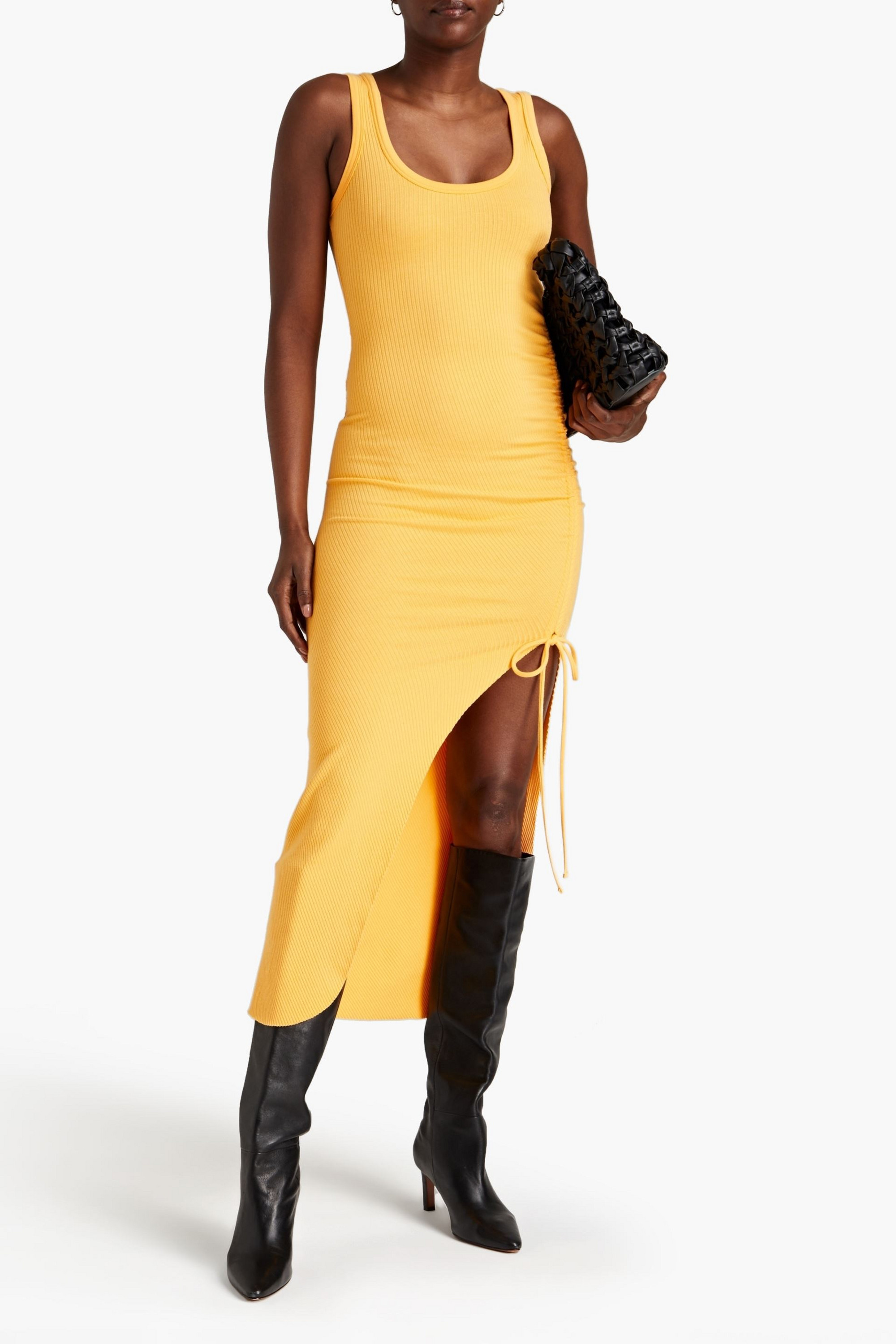 The Range Asymmetric ruched ribbed jersey dress