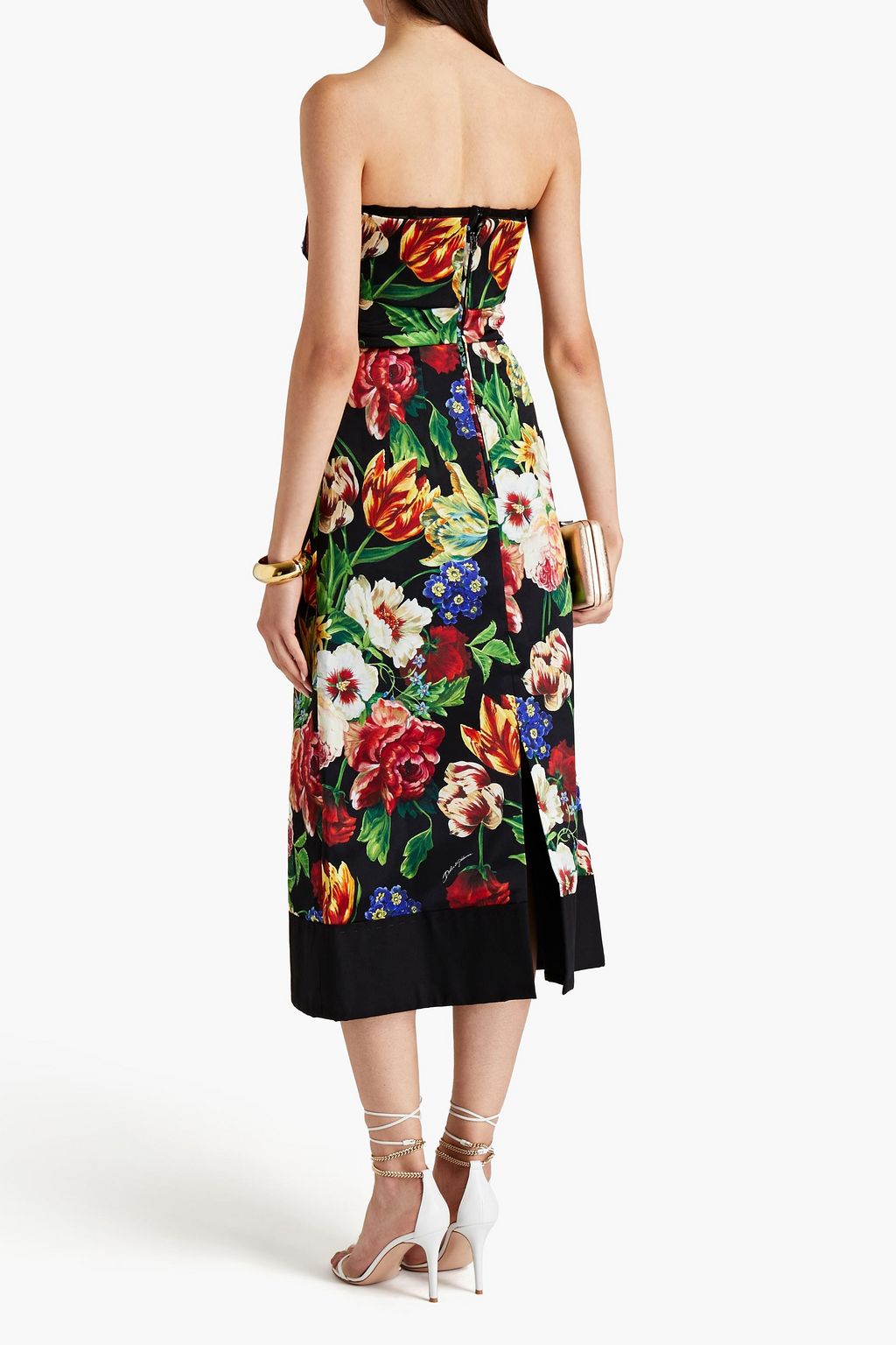 DOLCE&GABBANA Strapless faille-paneled floral-print silk-blend satin midi dress