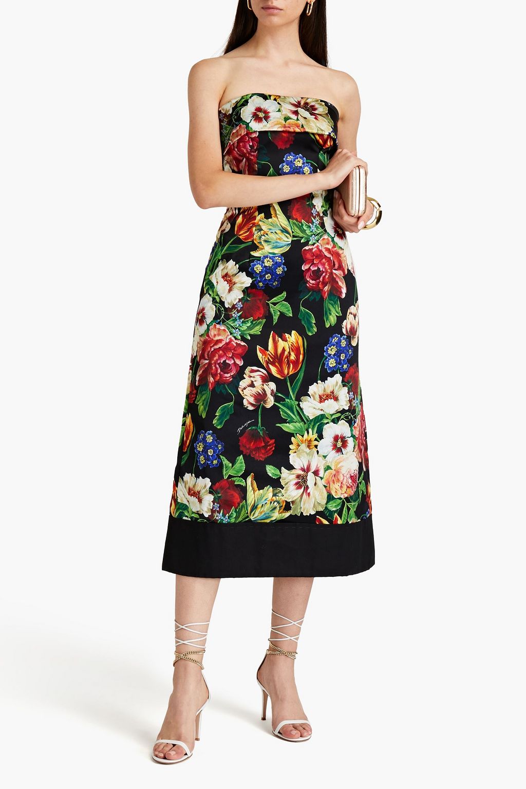 DOLCE&GABBANA Strapless faille-paneled floral-print silk-blend satin midi dress