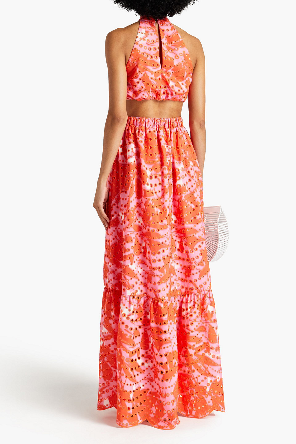  Ml Monique Lhuillier - Neckholder-maxikleid Mit Floralem Print, Cut-outs Und Lochstickerei - Orange - Us 12 