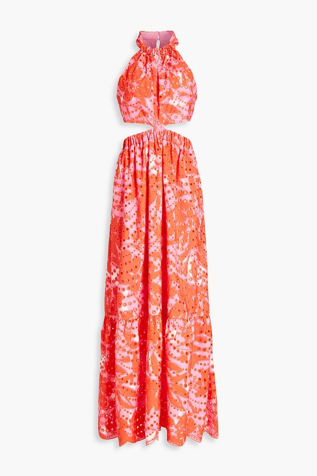 Cutout floral-print broderie anglaise halterneck maxi dress