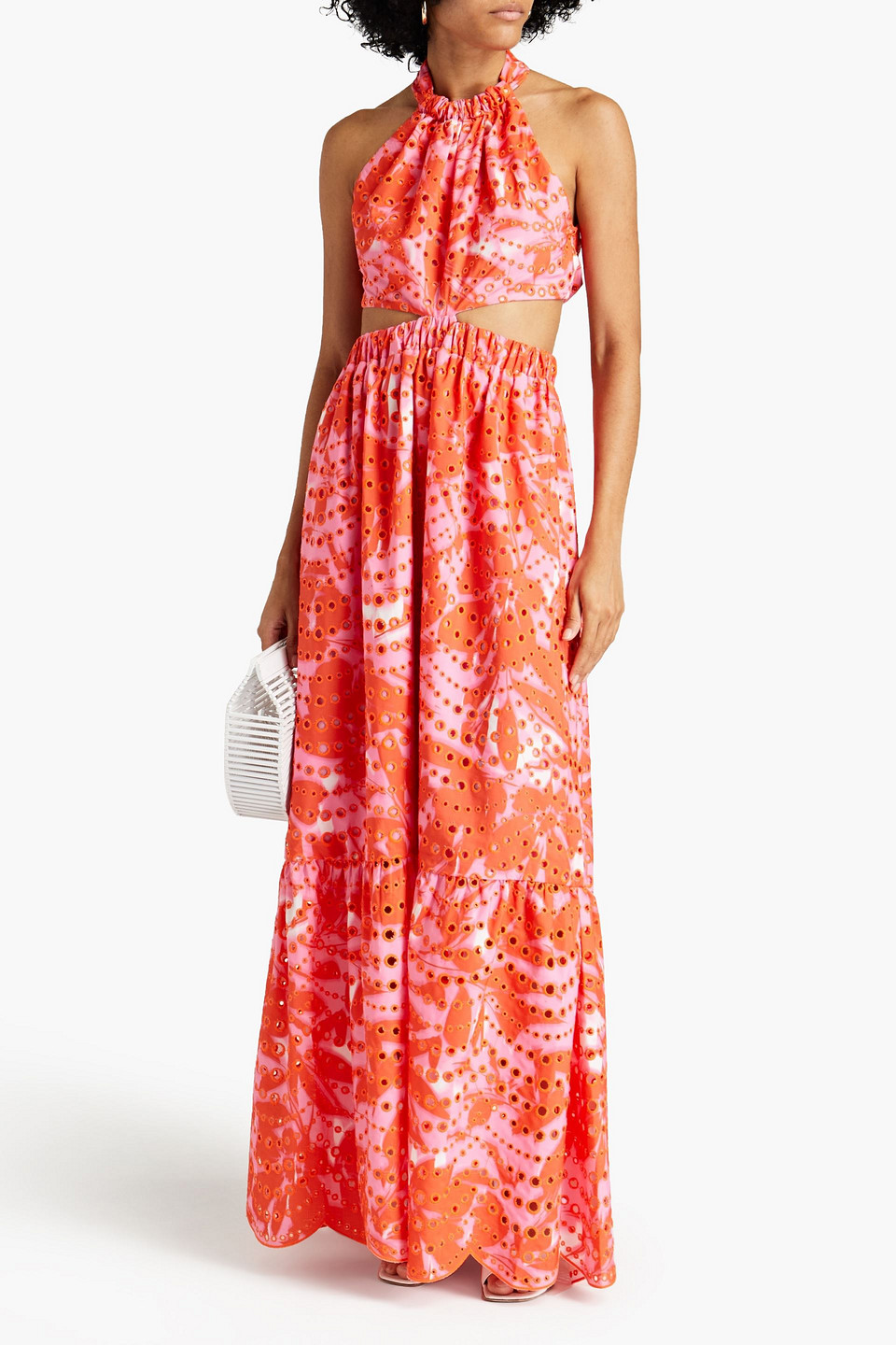  Ml Monique Lhuillier - Neckholder-maxikleid Mit Floralem Print, Cut-outs Und Lochstickerei - Orange - Us 12 