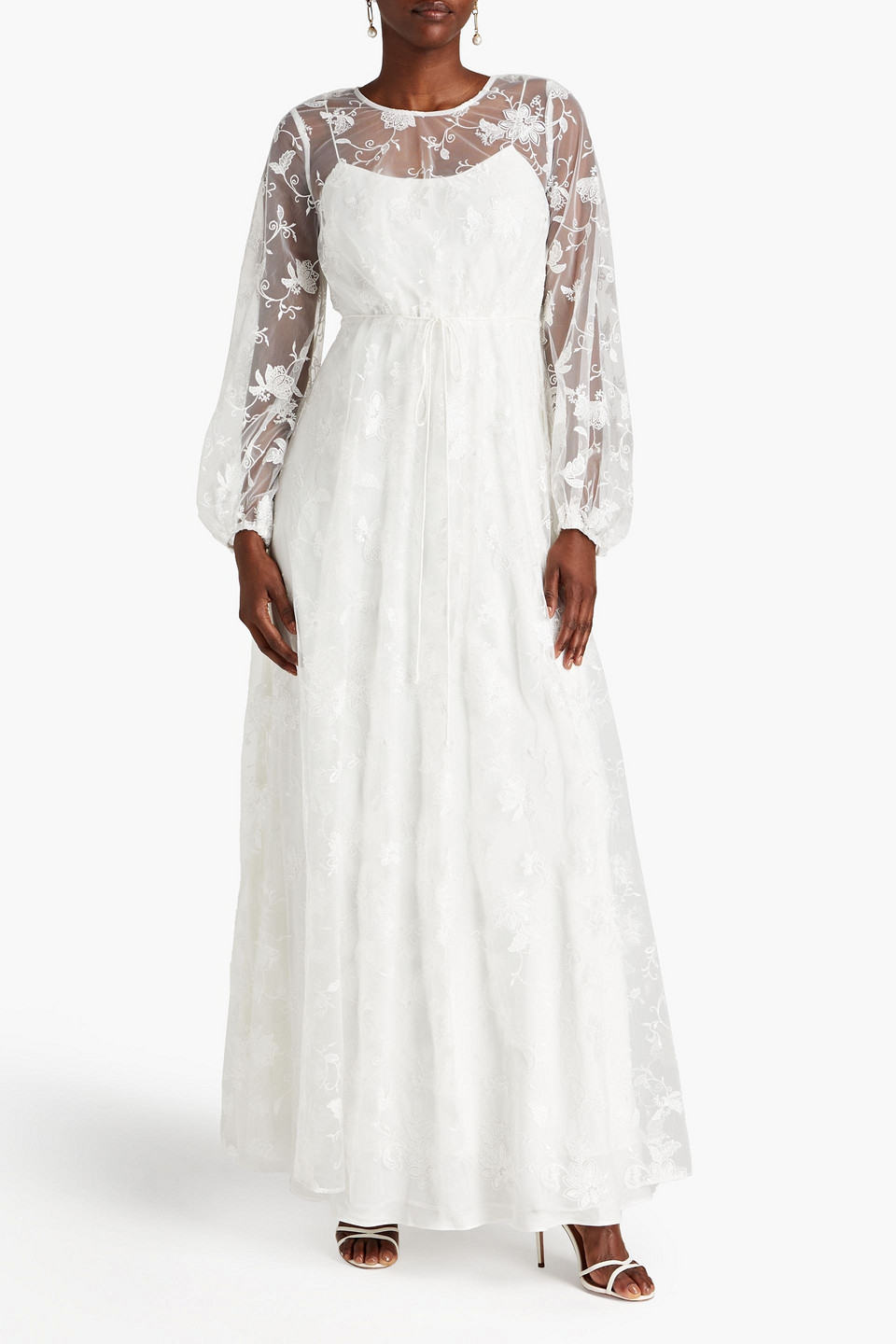 ml Monique Lhuillier Gathered Embroidered Tulle Gown In White