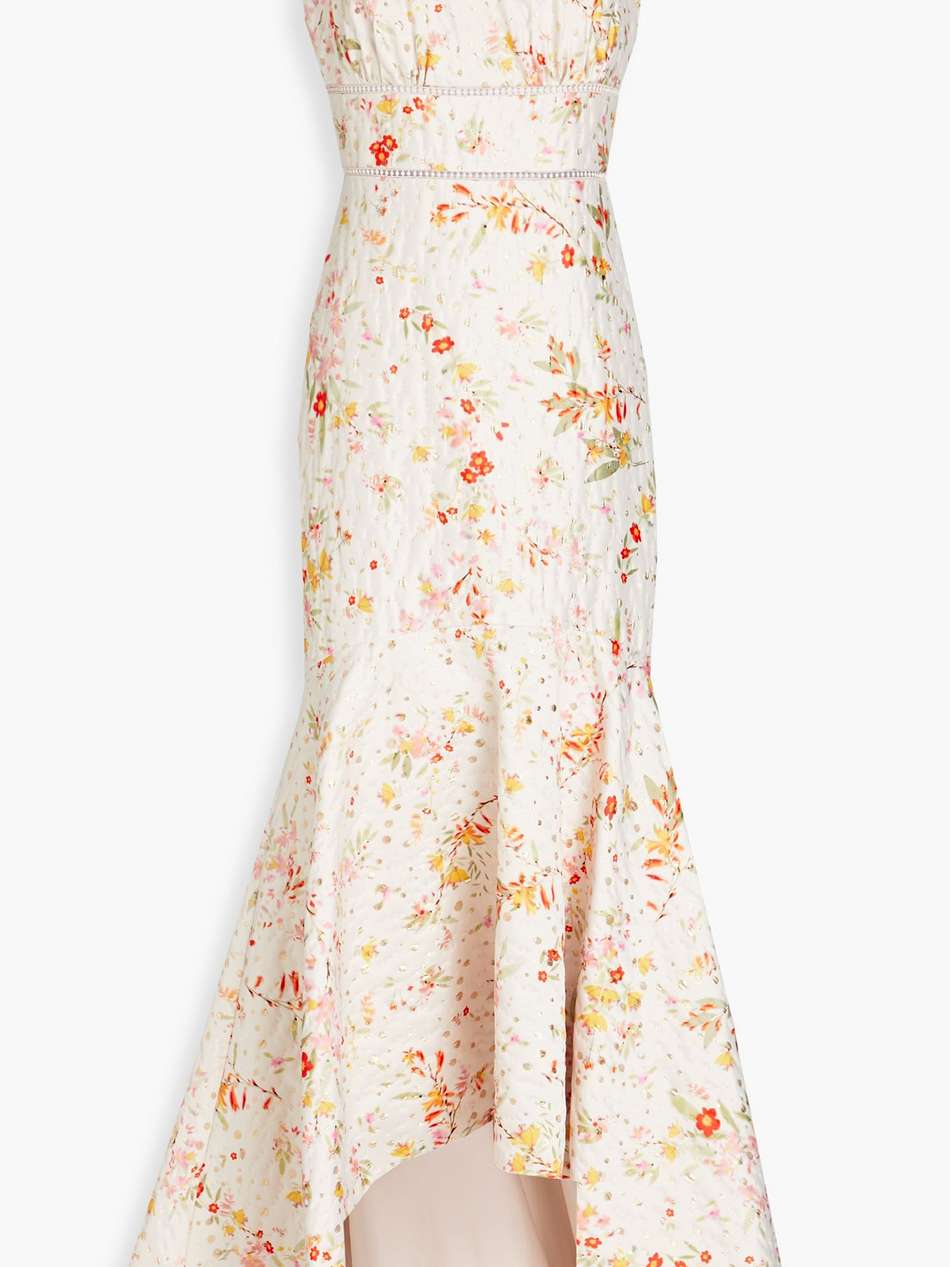 metallic floral-print jacquard gown
