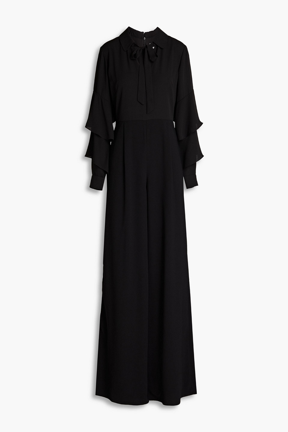 Mikael Aghal Pussy-bow Tiered Crepe Wide-leg Jumpsuit In Black