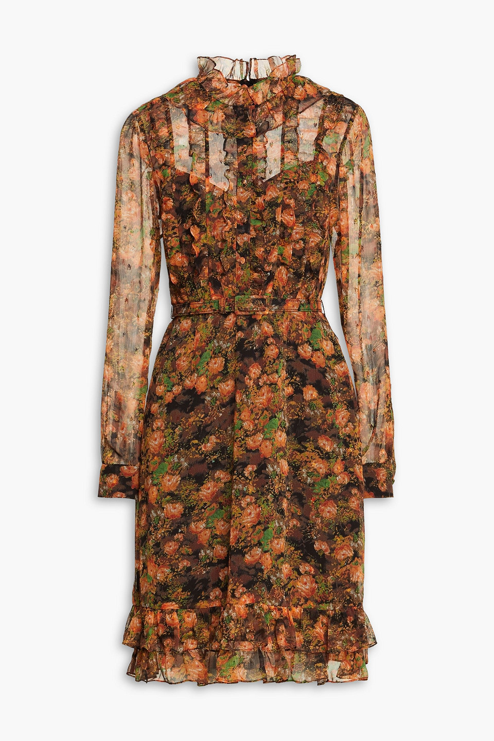 Mikael Aghal Ruffled Floral-print Fil Coupé Crepon Dress In Orange