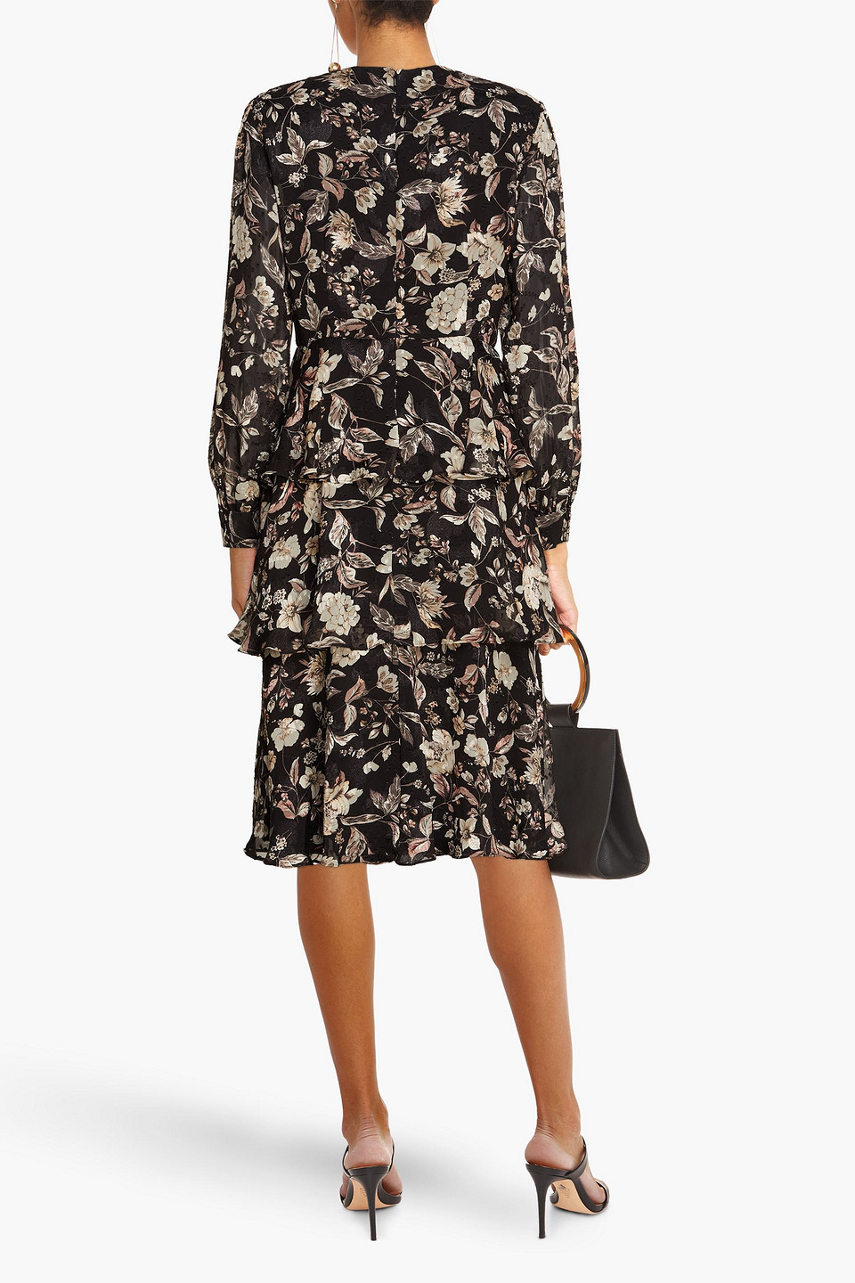 Shop Mikael Aghal Tiered Floral-print Jacquard Midi Dress In Black