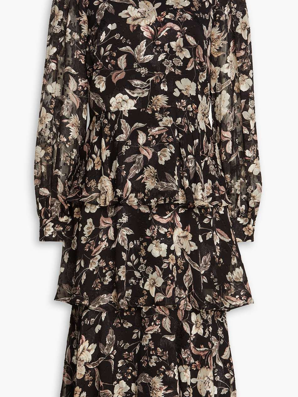 tiered floral-print jacquard midi dress
