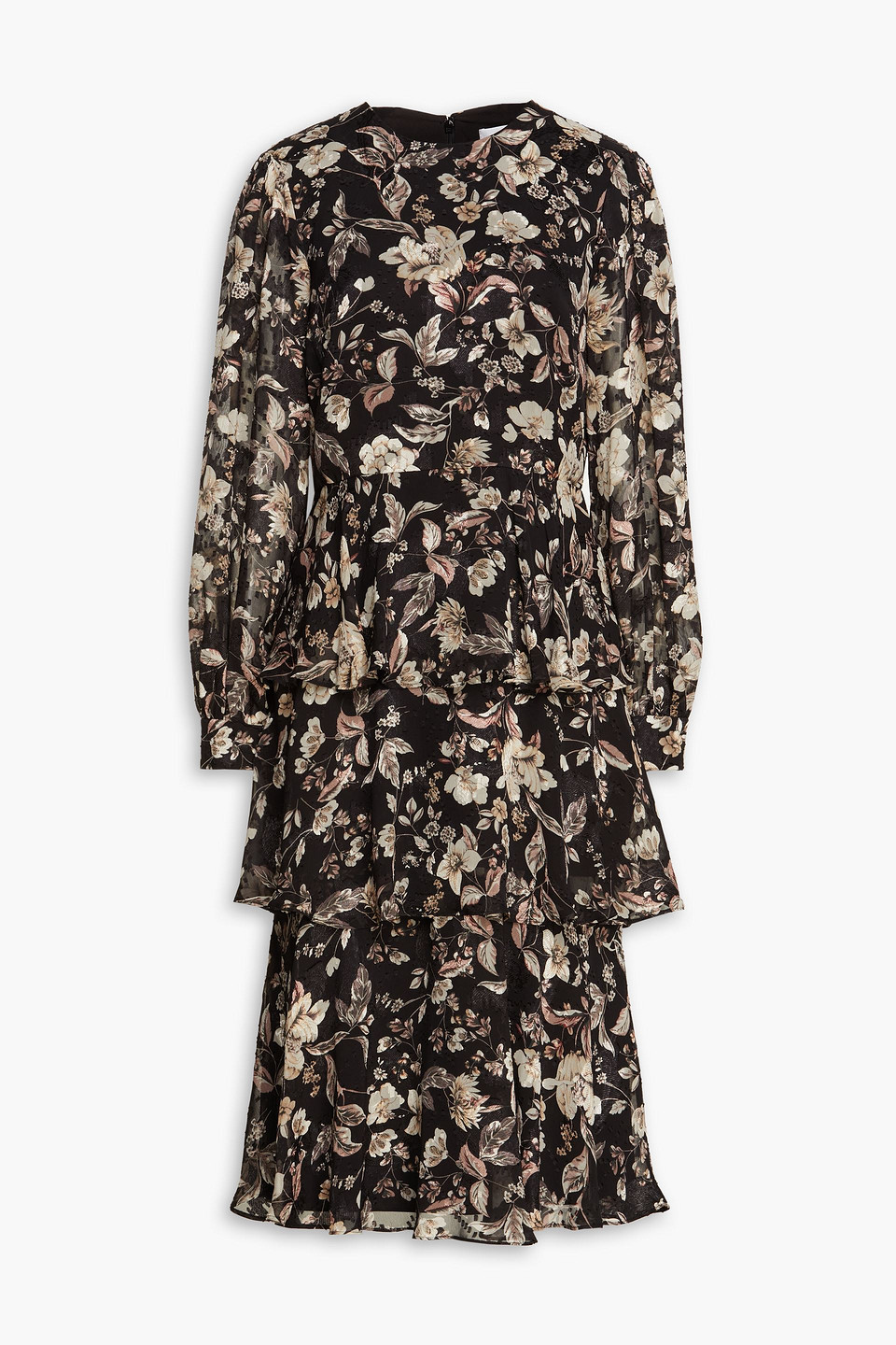 Tiered floral-print jacquard midi dress