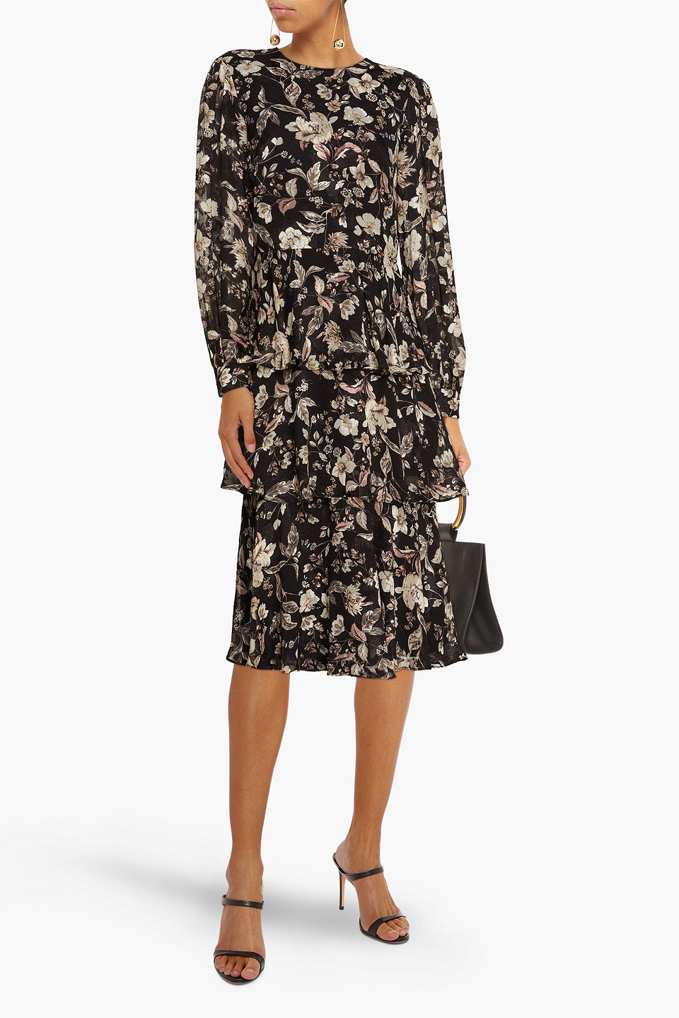 Shop Mikael Aghal Tiered Floral-print Jacquard Midi Dress In Black