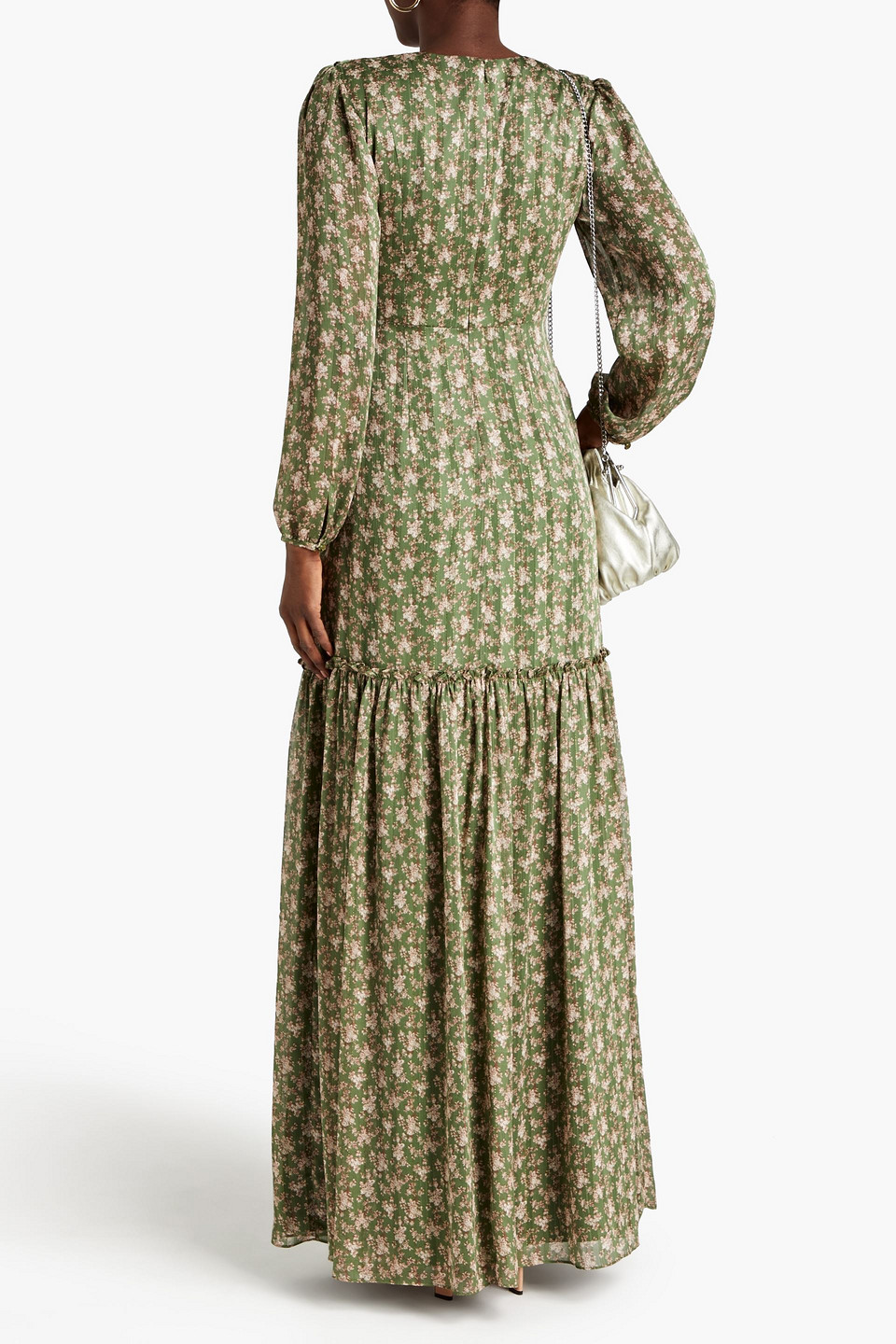 Shop Mikael Aghal Gathered Metallic Floral-print Jacquard Maxi Dress In Leaf Green