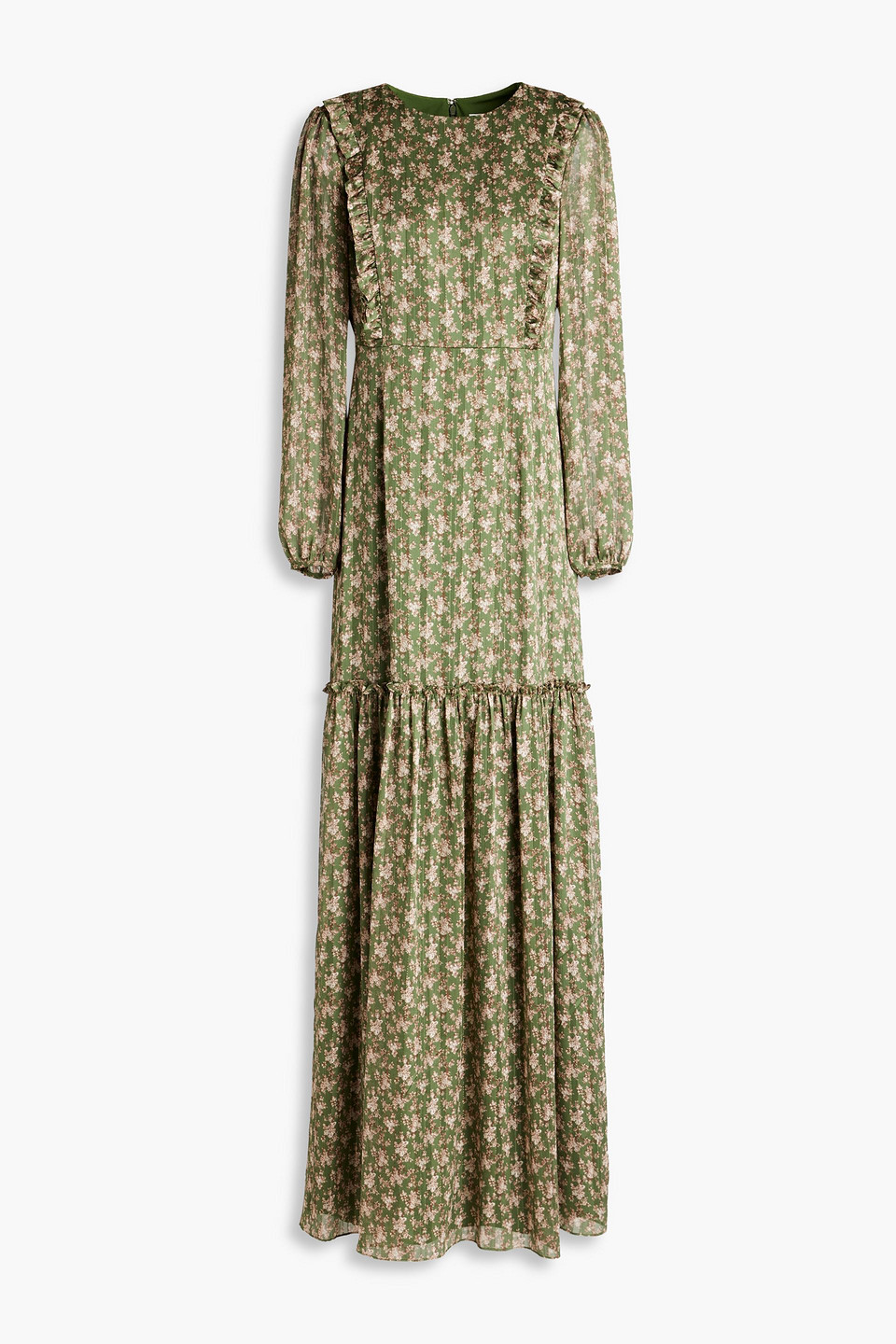 Mikael Aghal Gathered Metallic Floral-print Jacquard Maxi Dress In Green