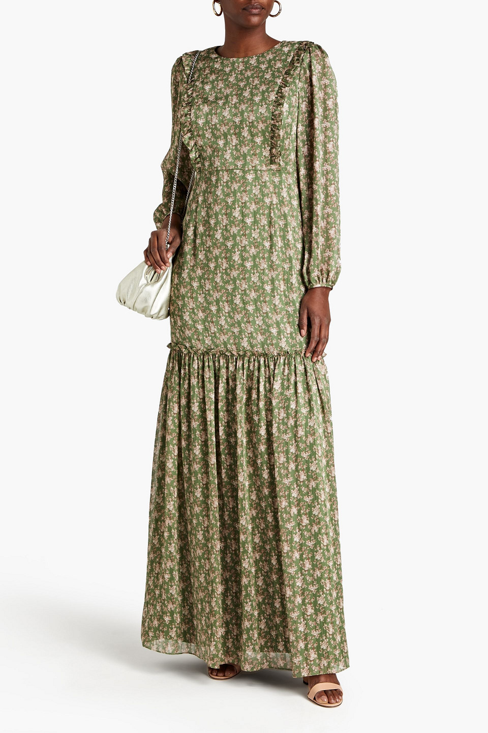 Shop Mikael Aghal Gathered Metallic Floral-print Jacquard Maxi Dress In Leaf Green