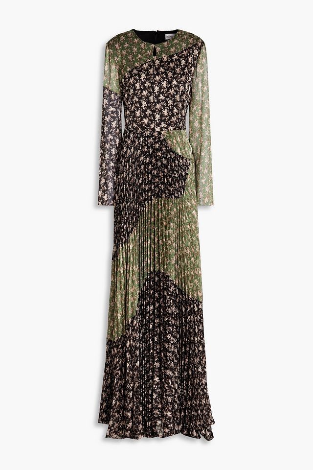 Pleated metallic floral-print jacquard maxi dress