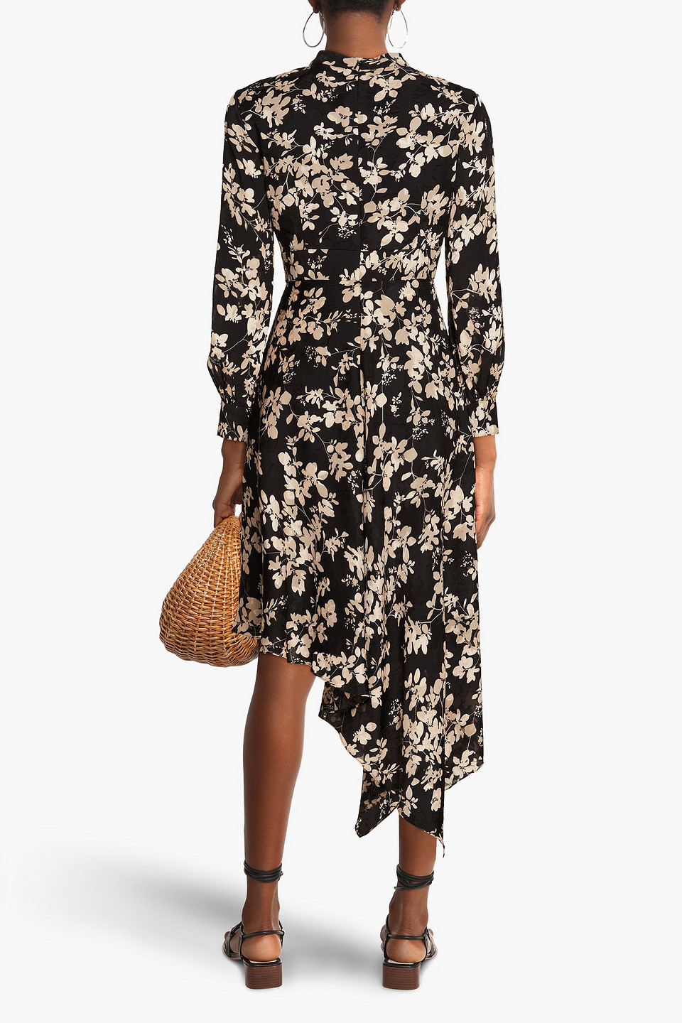 Shop Mikael Aghal Asymmetric Floral-print Jacquard Dress In Black