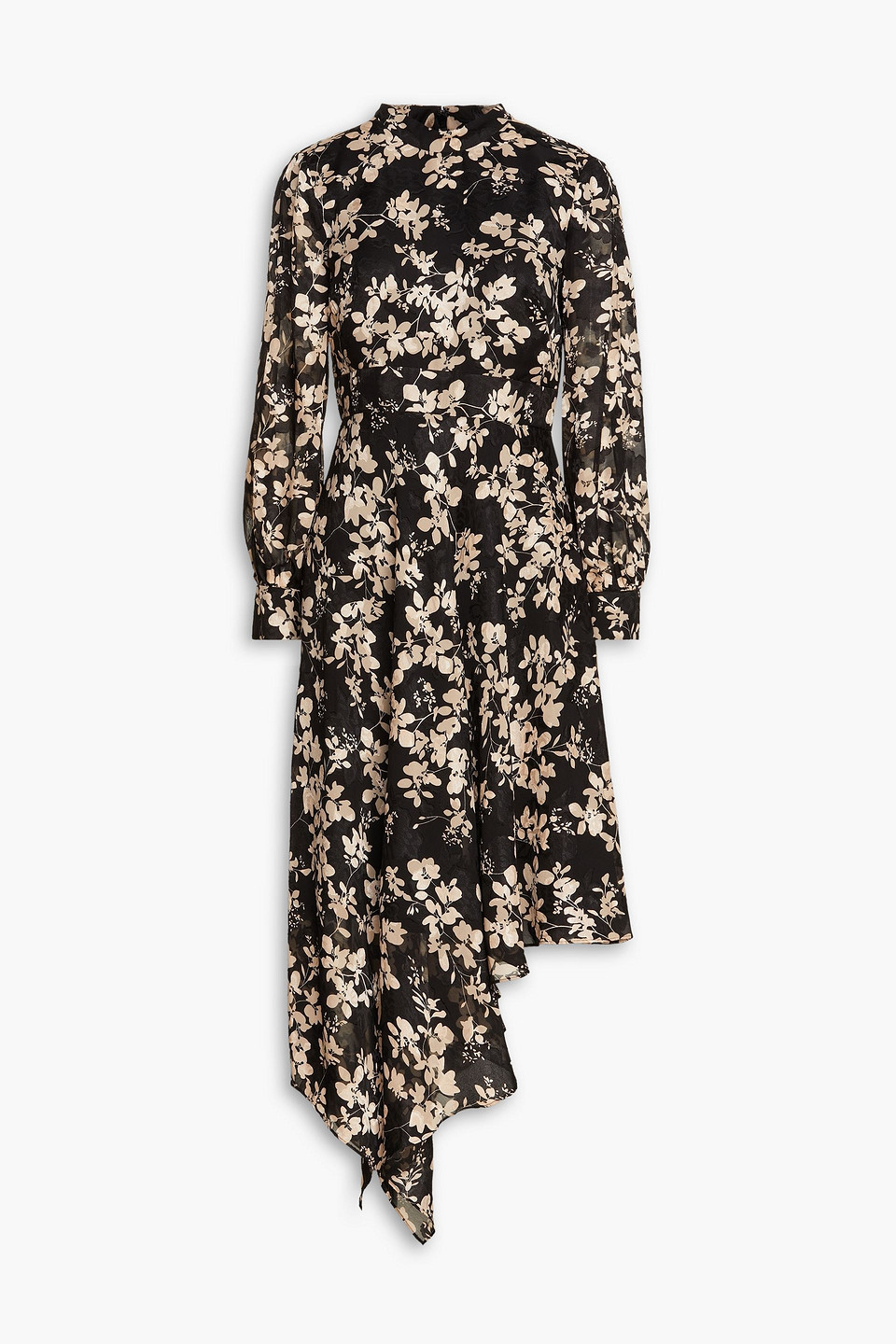 Asymmetric floral-print jacquard dress