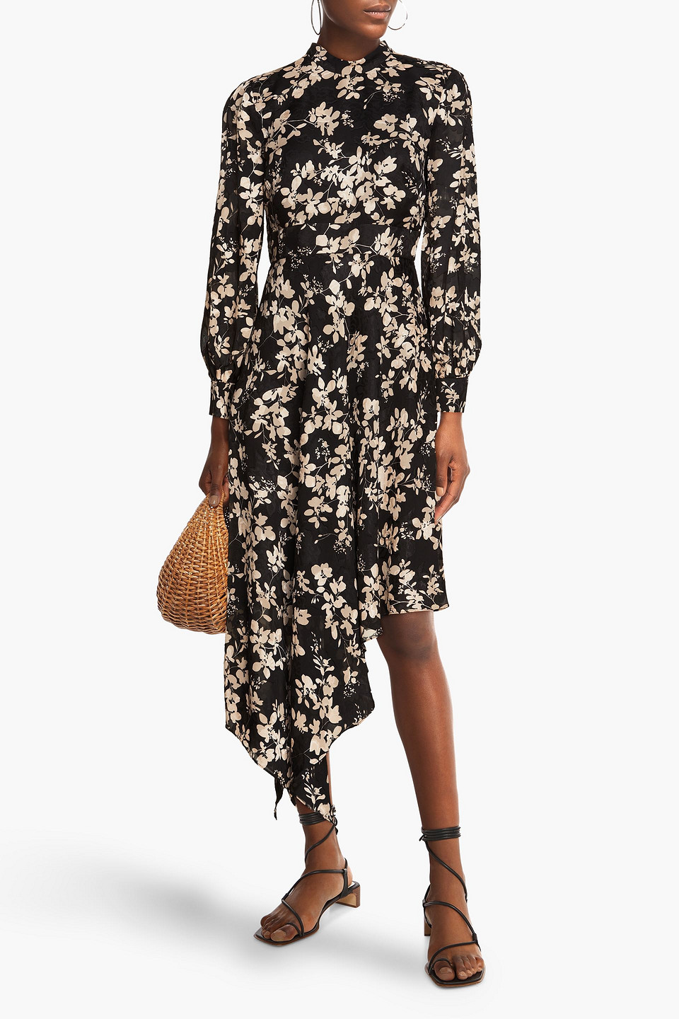 Shop Mikael Aghal Asymmetric Floral-print Jacquard Dress In Black