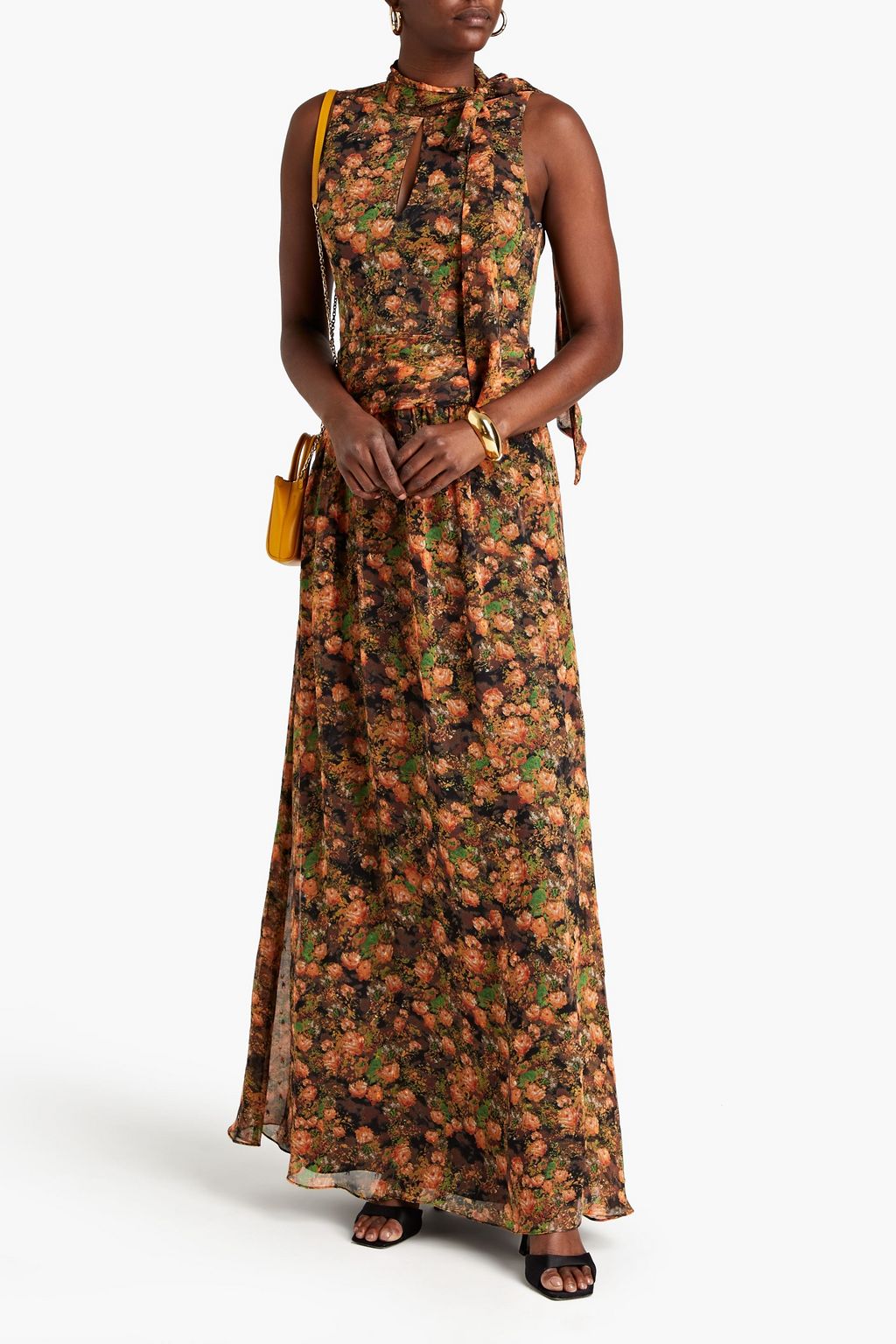 MIKAEL AGHAL Tieneck floralprint fil coupé crepon maxi dress THE