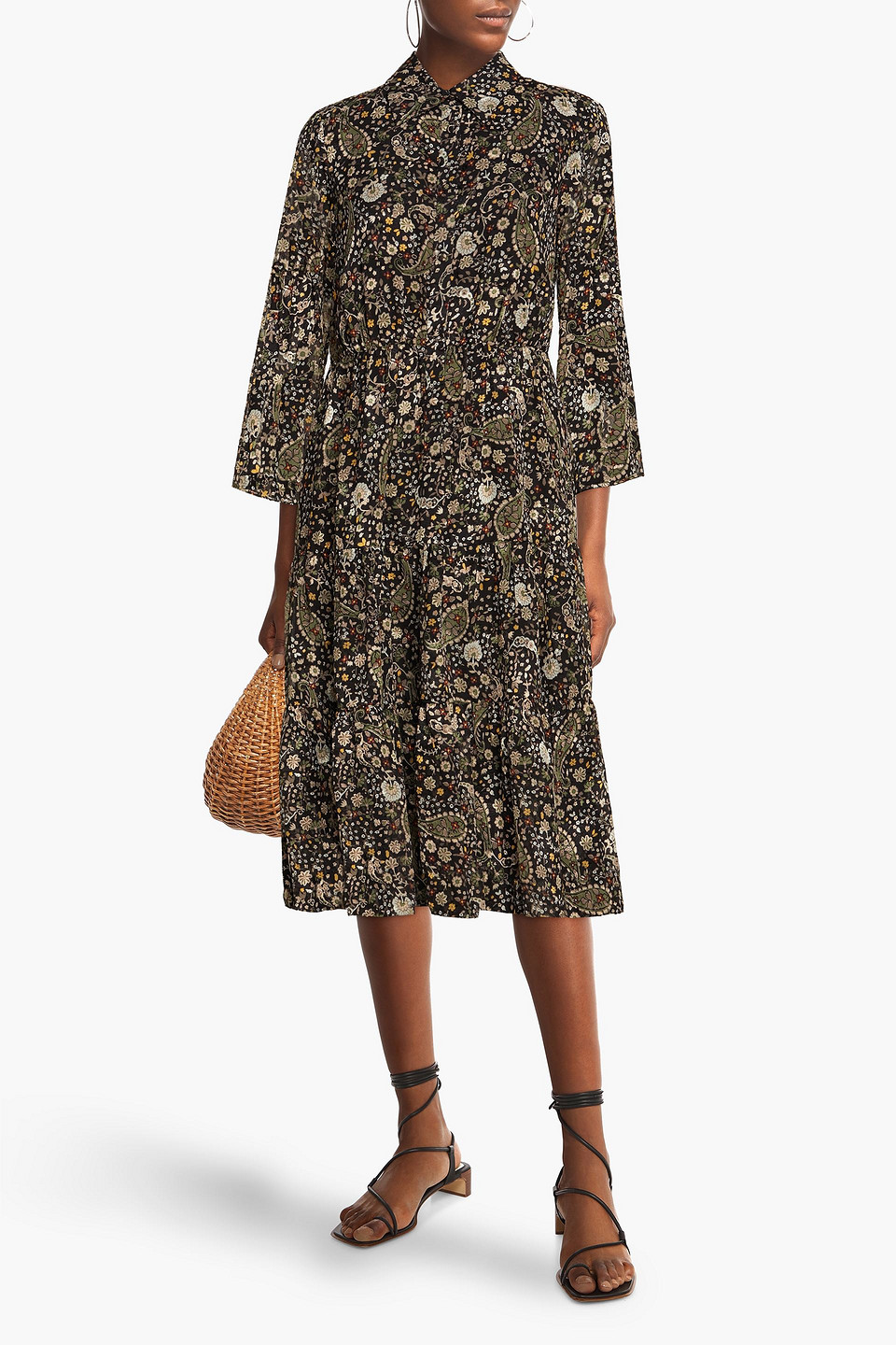 Shop Mikael Aghal Printed Georgette Midi Dress In Black