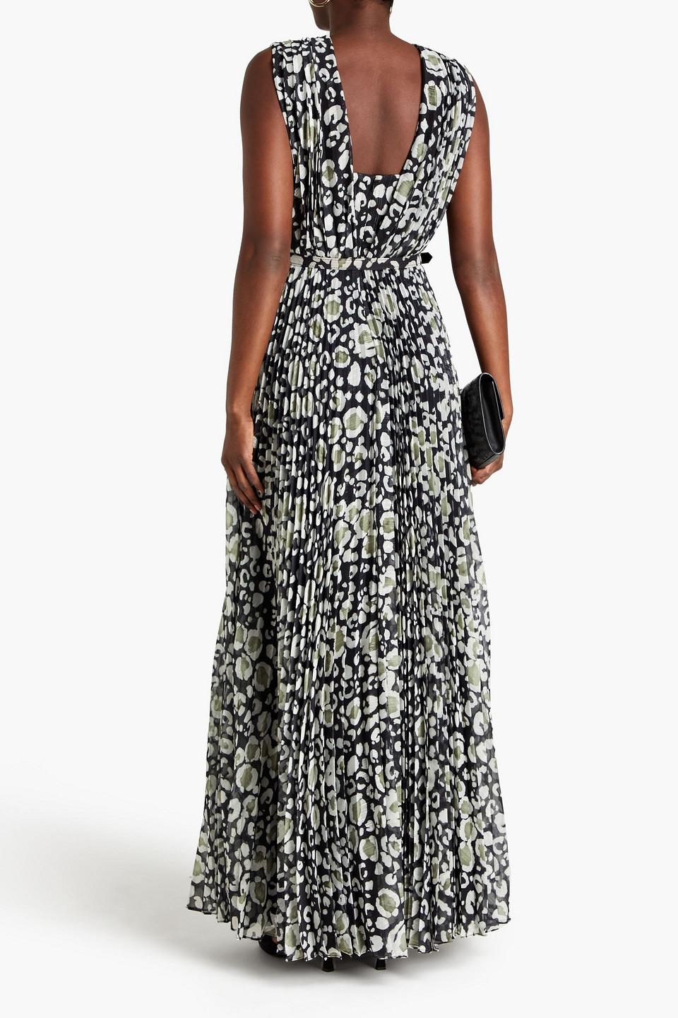 Shop Mikael Aghal Pleated Metallic Printed Chiffon Maxi Dress In Black