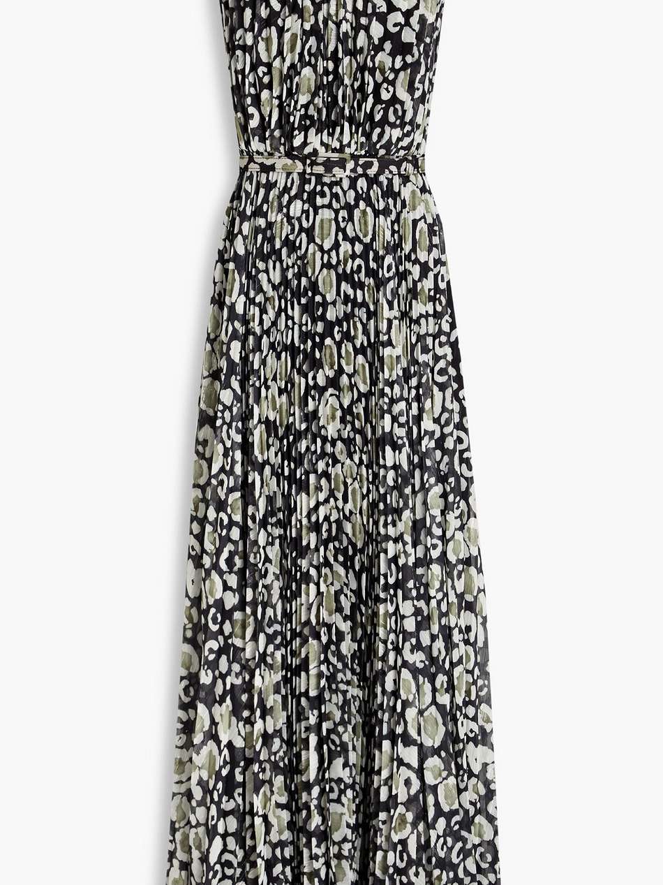 pleated metallic printed chiffon maxi dress