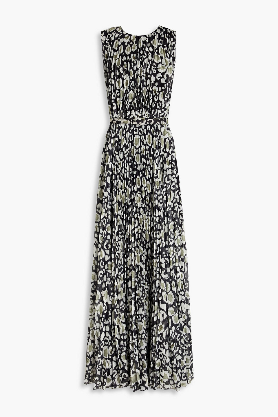 Shop Mikael Aghal Pleated Metallic Printed Chiffon Maxi Dress In Black