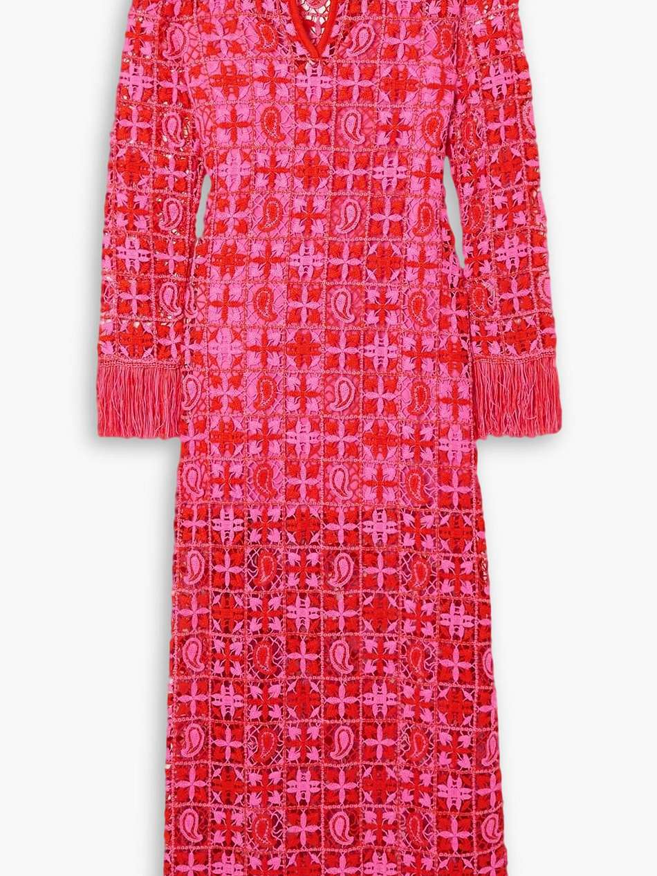 fringed two-tone crocheted lace maxi dress