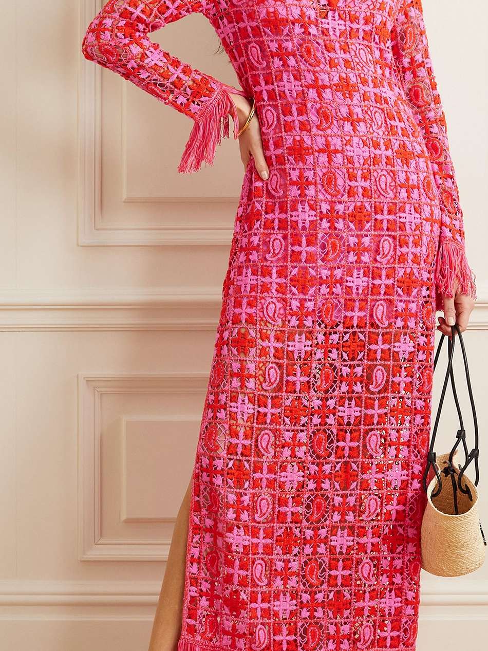 fringed two-tone crocheted lace maxi dress
