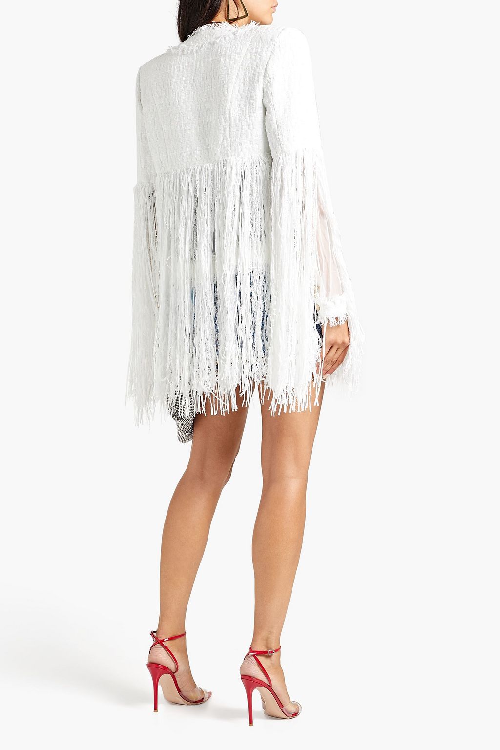 BALMAIN Fringed button-embellished chiffon-paneled tweed jacket
