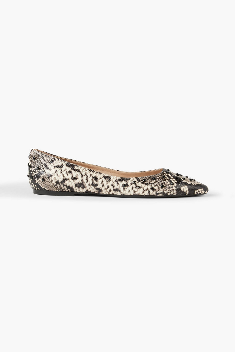 Tod's Studded Snake-effect Leather Point-toe Flats In Black