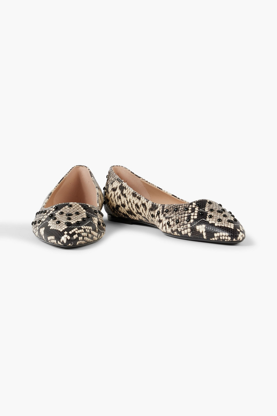 Tod's Studded Snake-effect Leather Point-toe Flats In Black