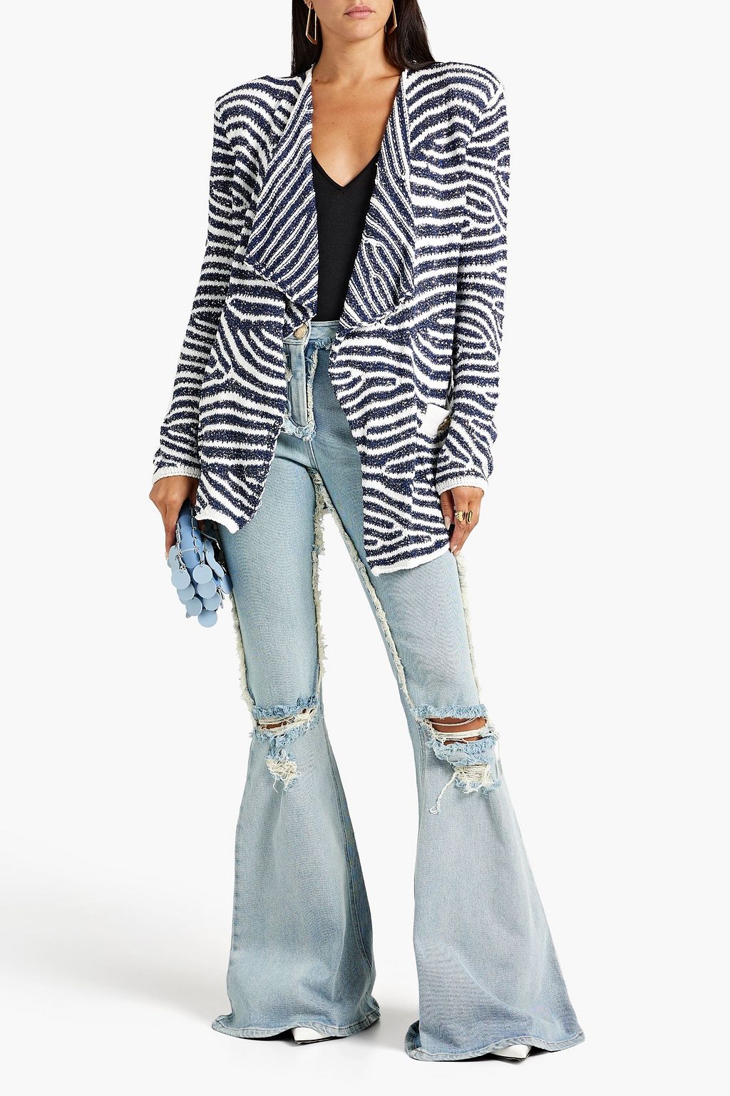 BALMAIN Striped sequin-embellished knitted cardigan