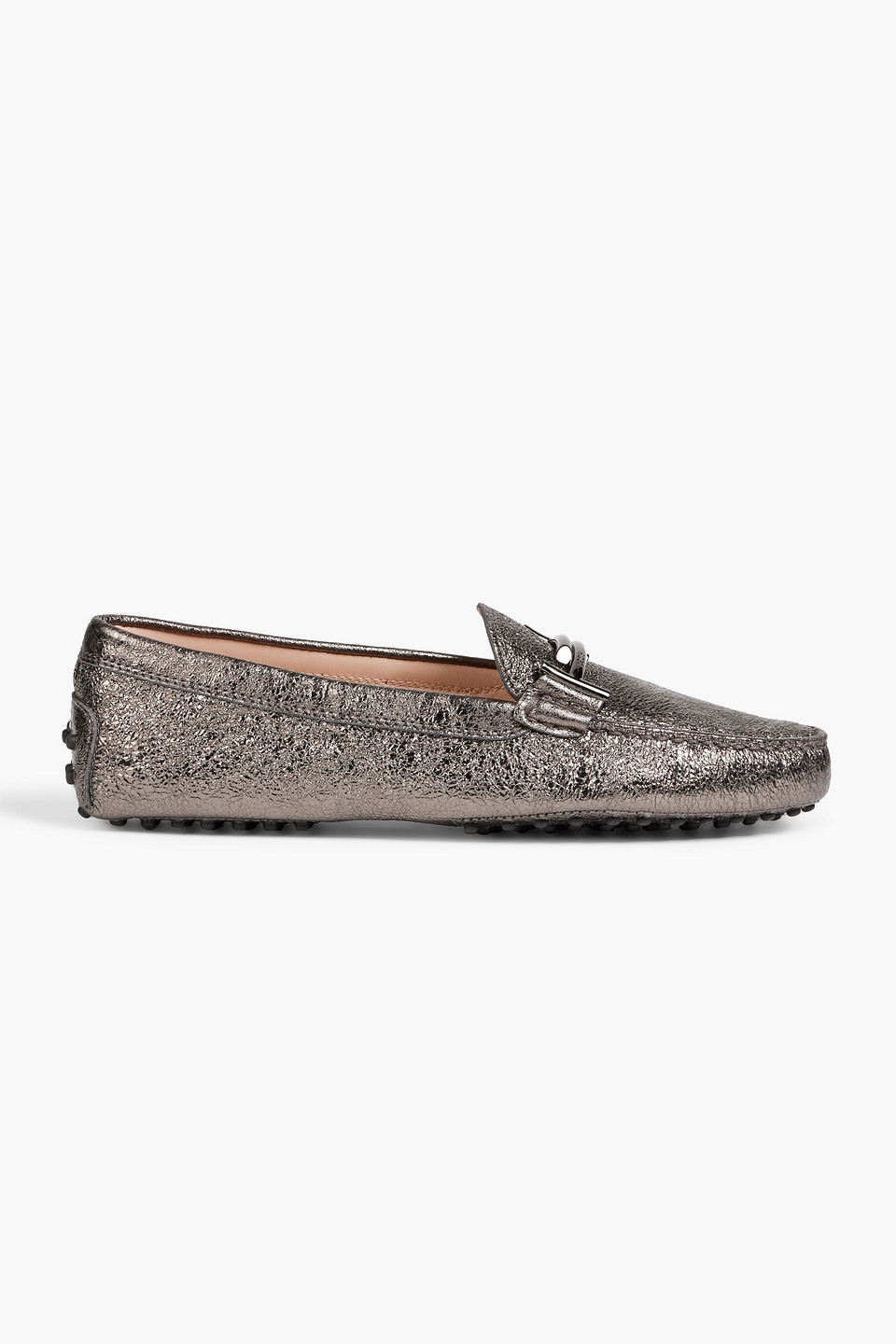 Tod's Double T Metallic Cracked-leather Loafers In Gunmetal