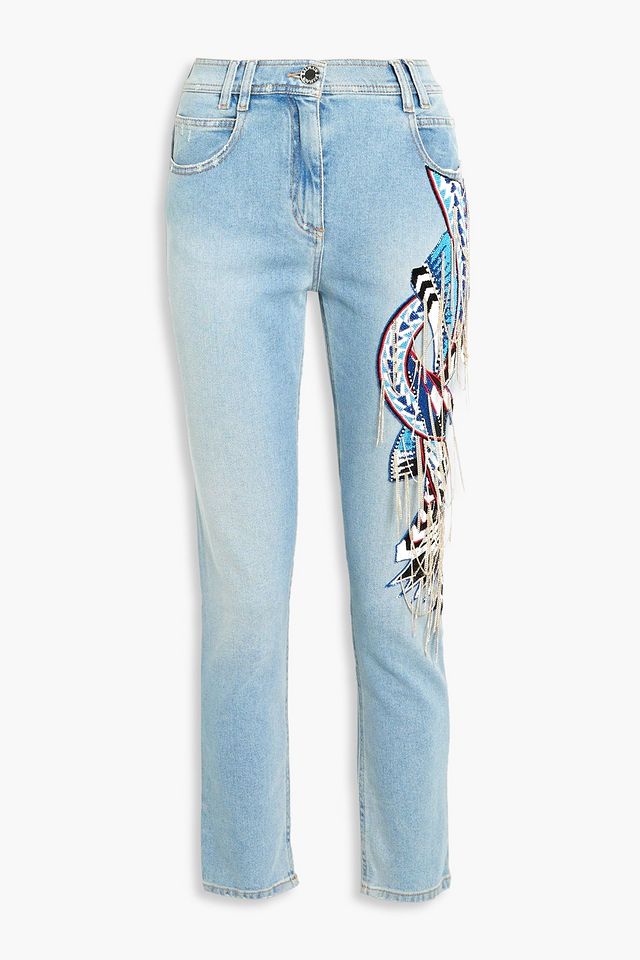 Embellished distressed high-rise slim-leg jeans