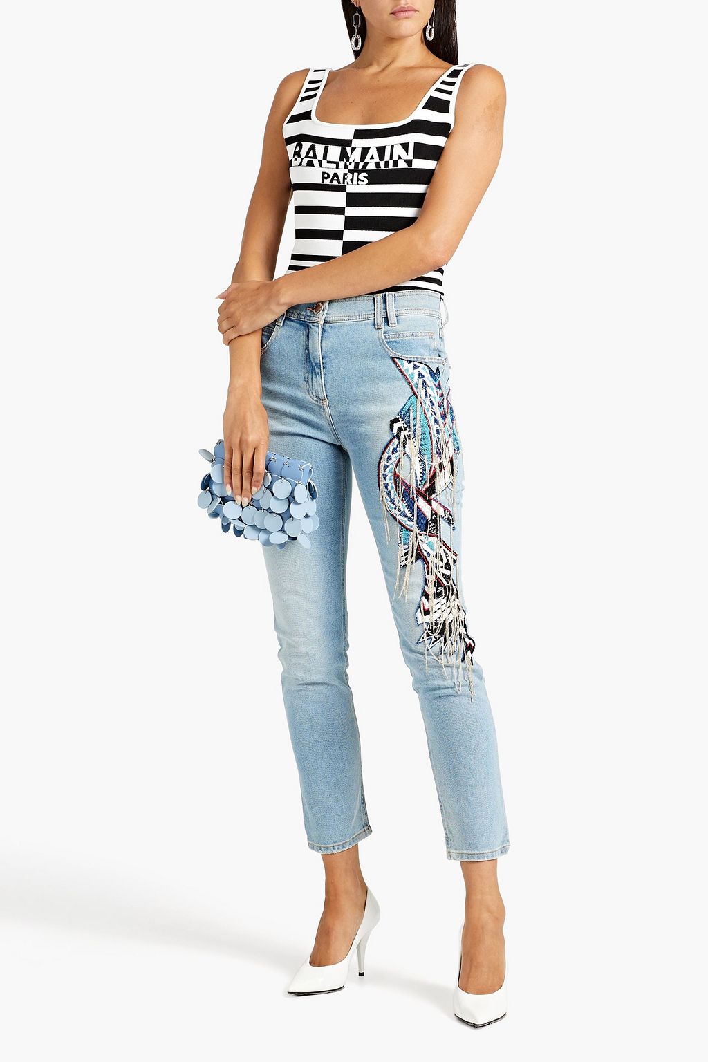 BALMAIN Embellished distressed high-rise slim-leg jeans