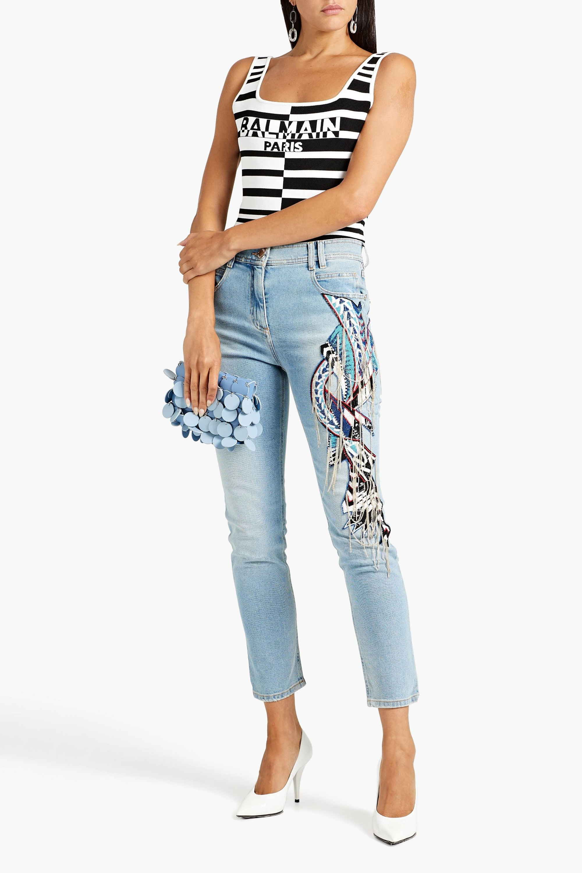Balmain Embellished distressed high-rise slim-leg jeans