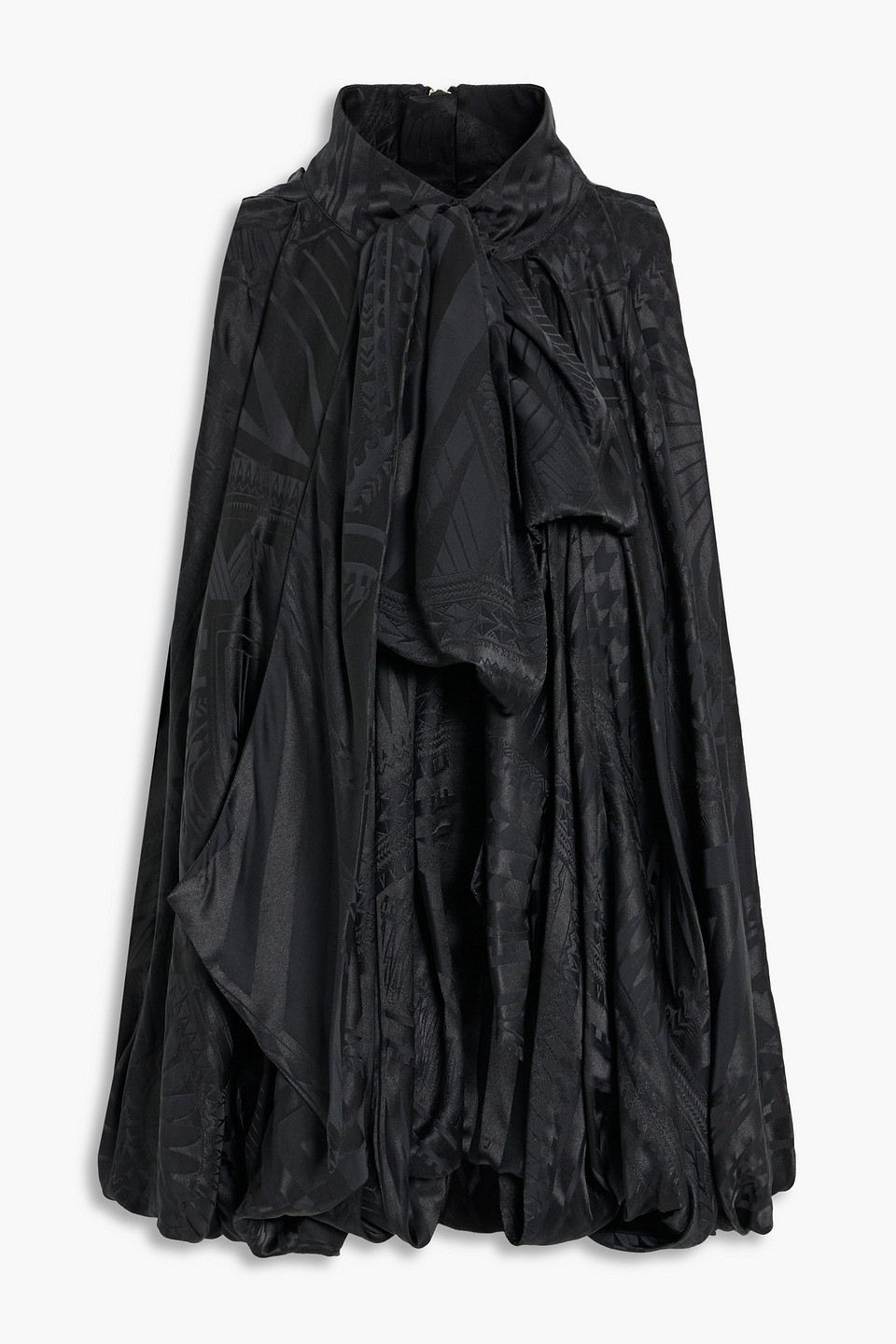 Balmain Bow-embellished Pleated Silk-blend Satin-jacquard Top In Black