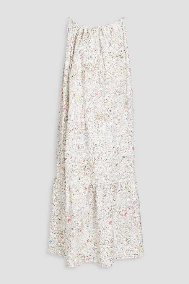 Gathered printed organic cotton-poplin midi dress