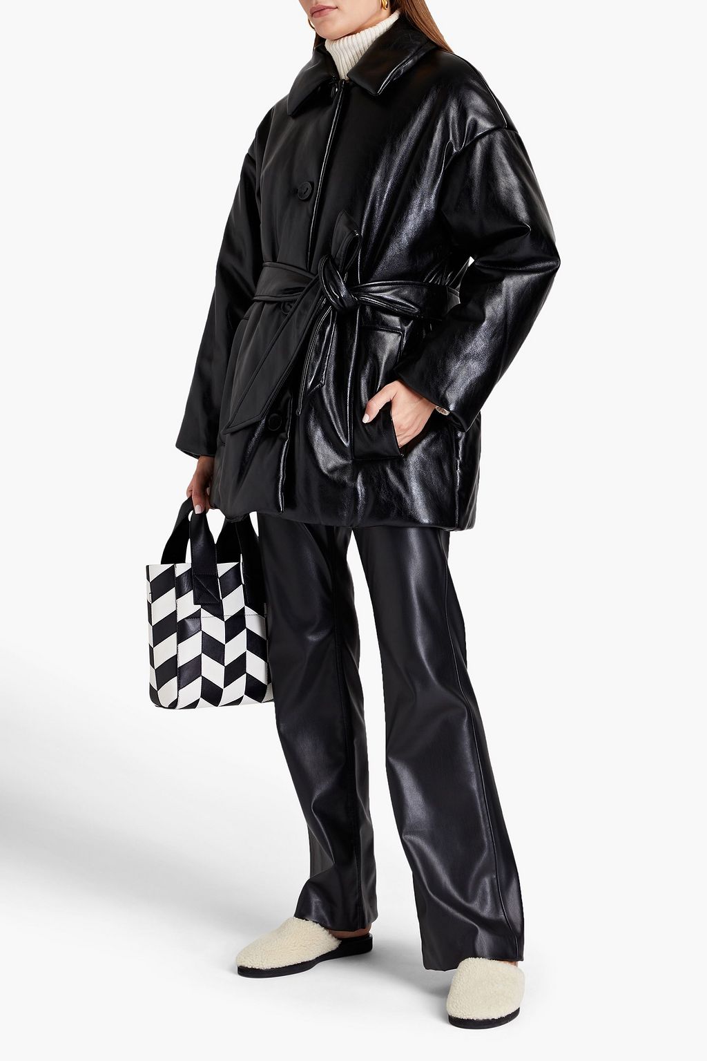 STAND STUDIO Ammie belted glossed faux leather jacket