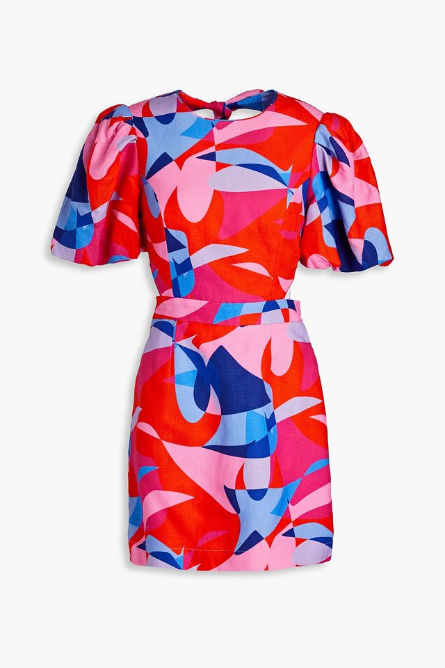 Cutout knotted printed linen-blend mini dress