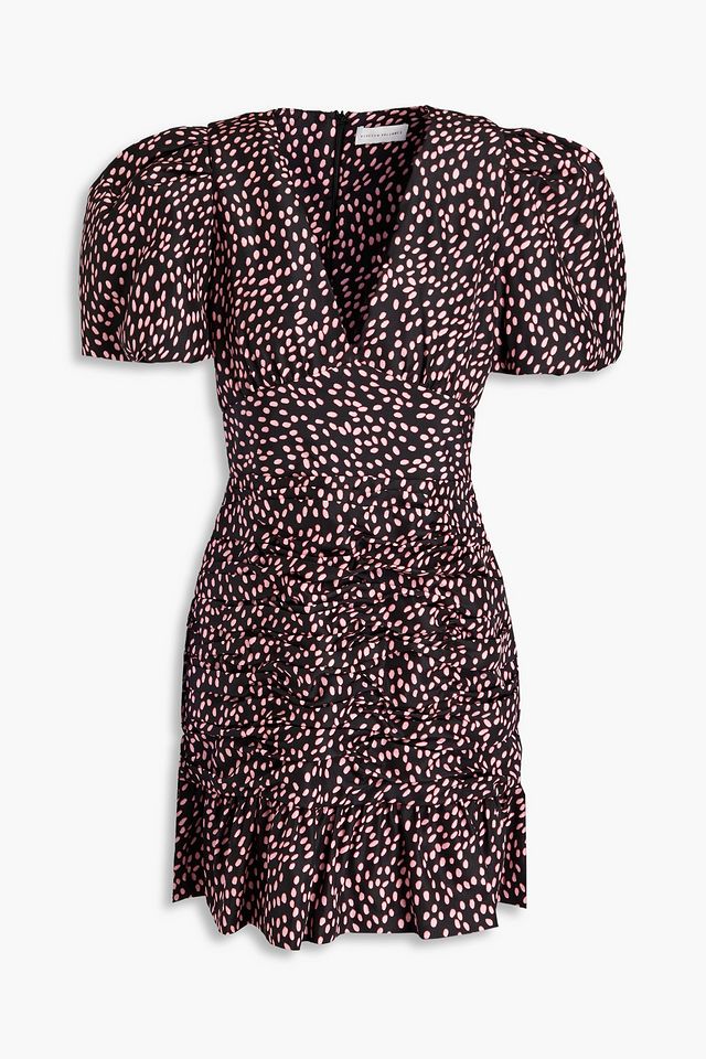 Gathered printed satin mini dress