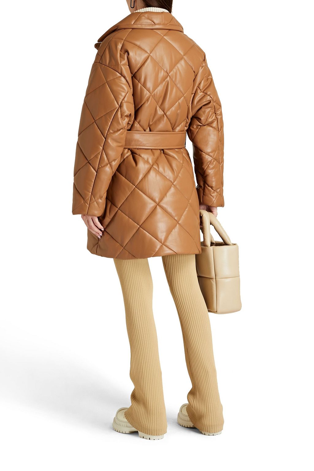 STAND STUDIO Maxim belted quilted faux leather coat