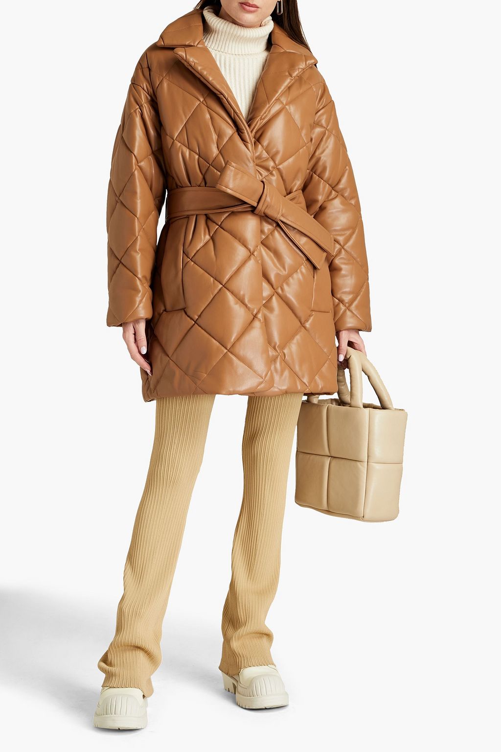 STAND STUDIO Maxim belted quilted faux leather coat
