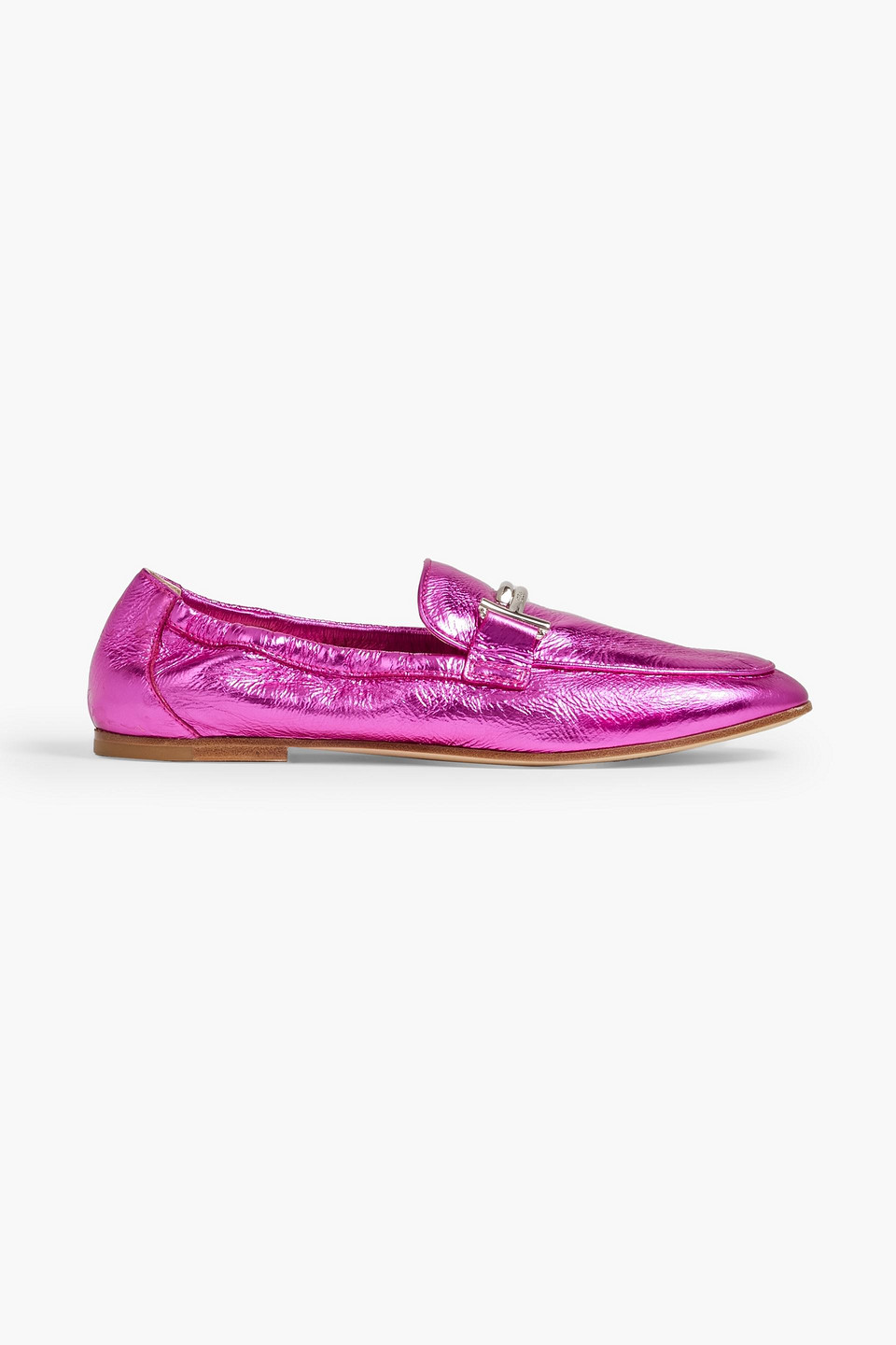 Tod's Double T Metallic Textured-leather Loafers In Bright Pink